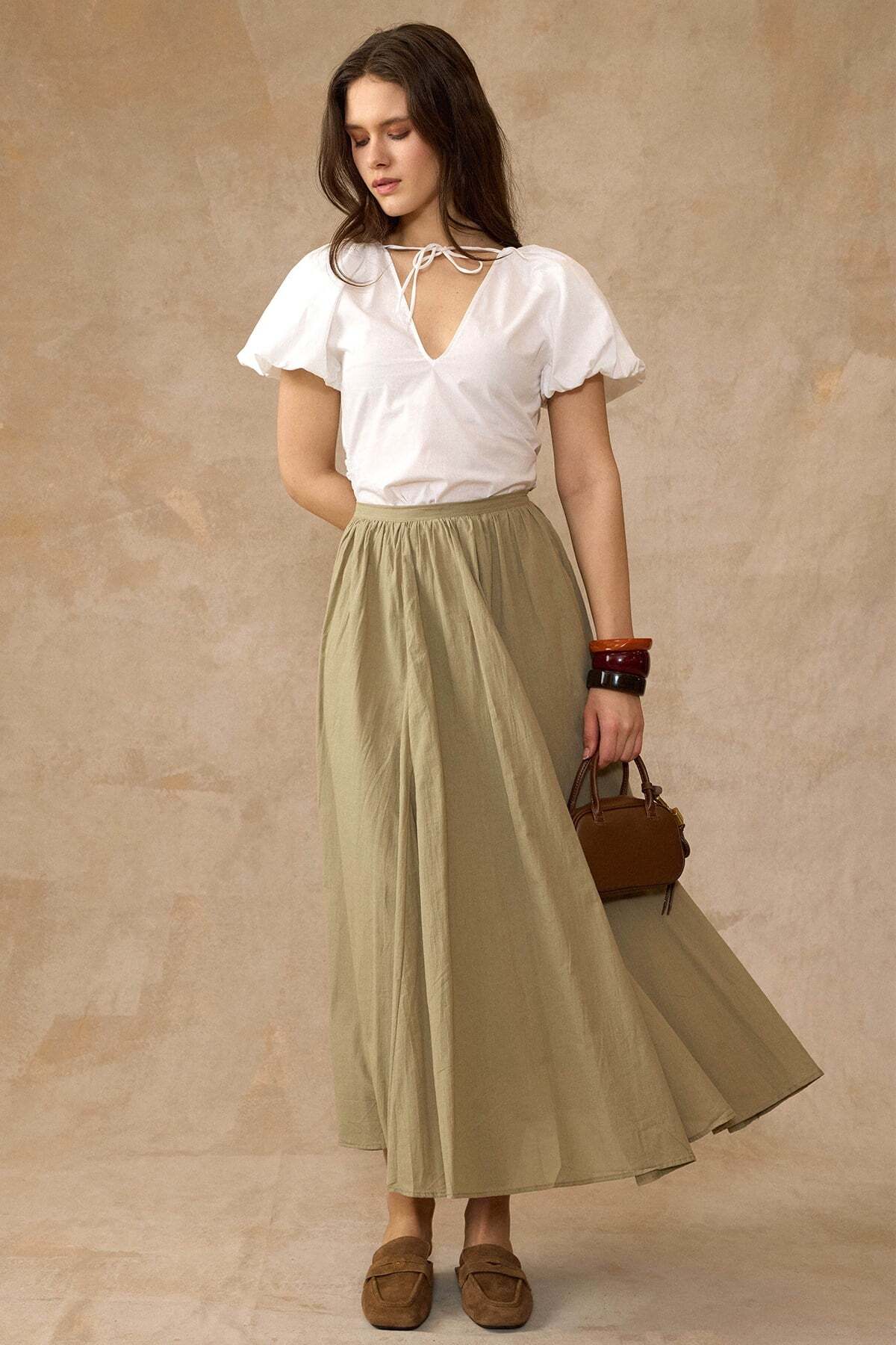 Olcay  Beli Büzgülü Poplin Kloş Etek HAKİ 7072 - Görsel 5