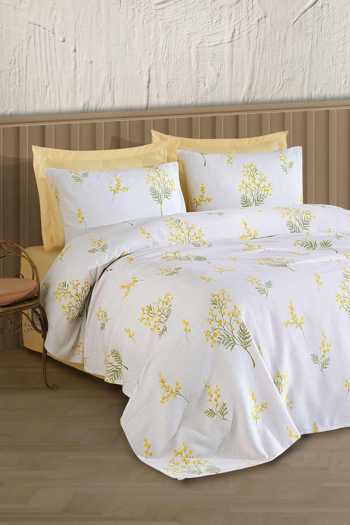 Patterned Quilting Set Double Mimosa Yellow (Quilting+Bedsheet+Pillowcase)