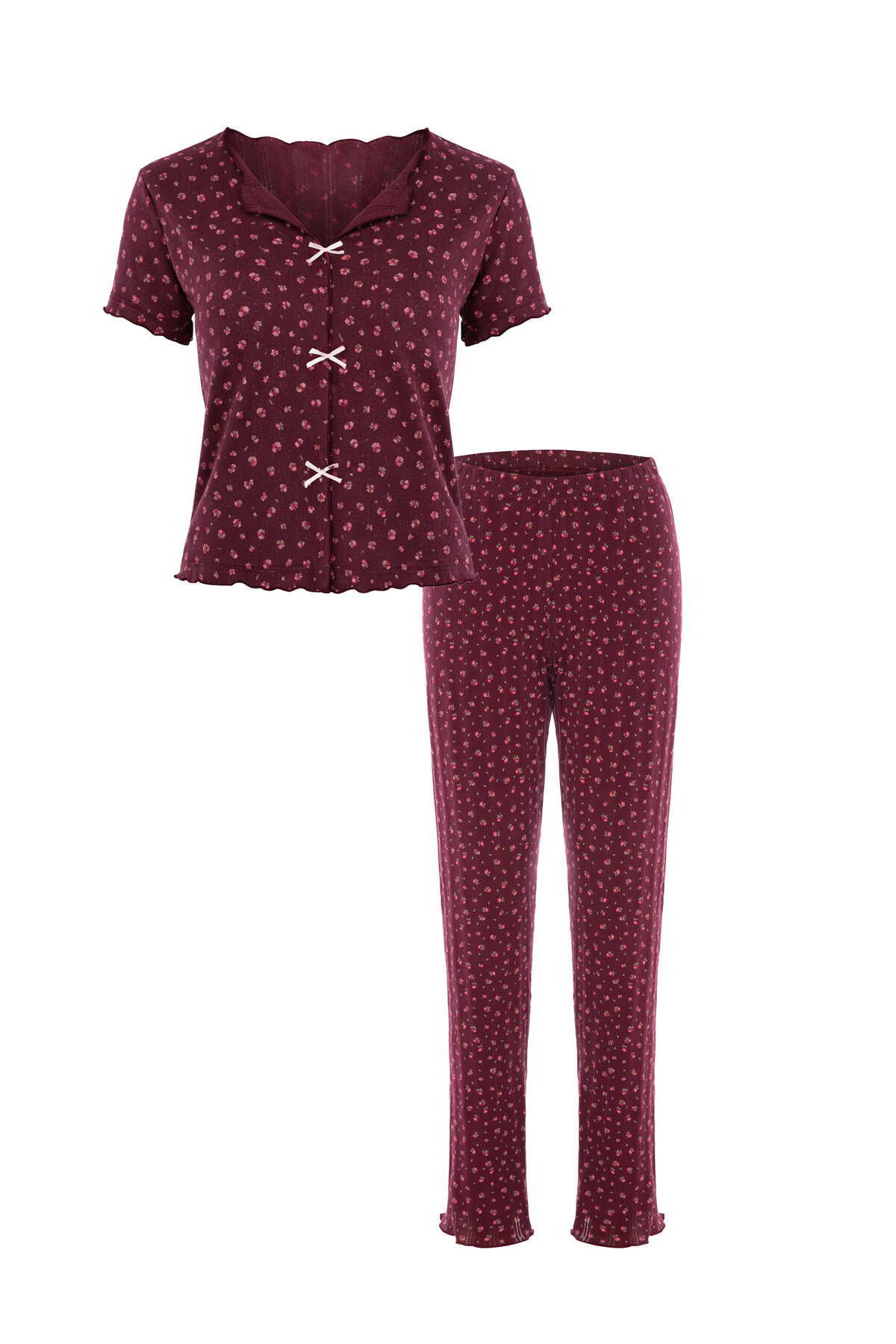 koza iç giyim Kadın Kısa Kollu Fiyonklu Fitilli Pijama Takımı görsel 6