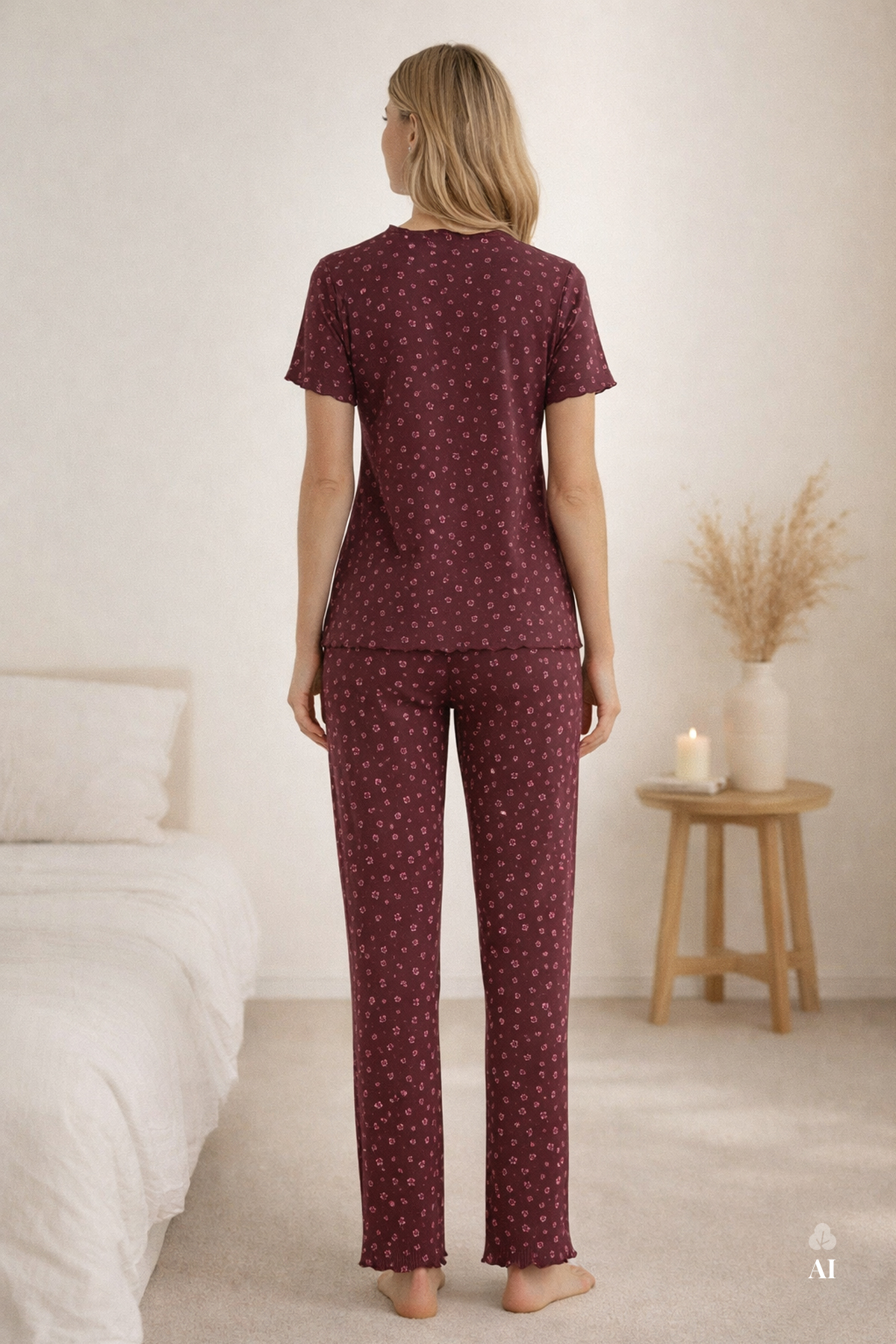 koza iç giyim Kadın Kısa Kollu Fiyonklu Fitilli Pijama Takımı görsel 4