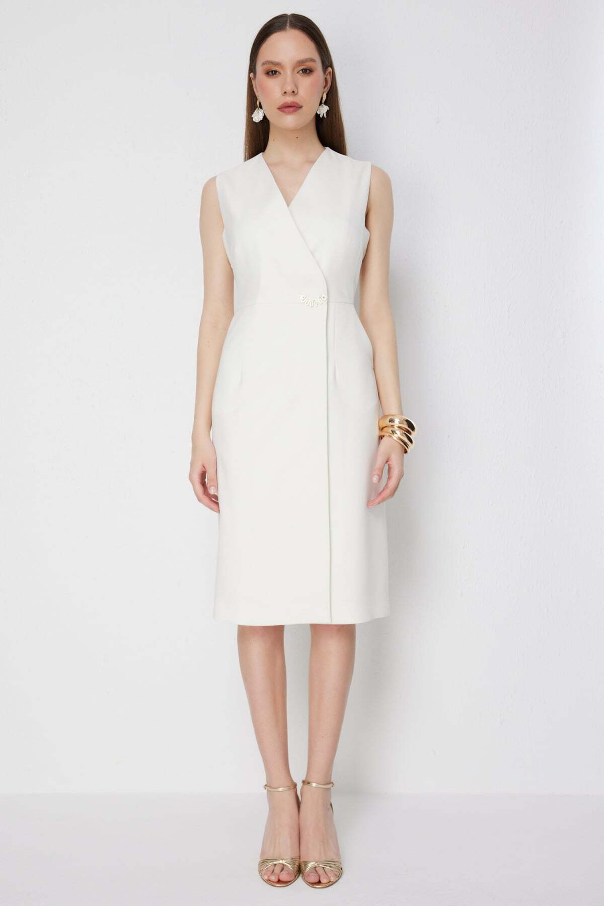 Double Breasted Midi Dress with Metal Accessories