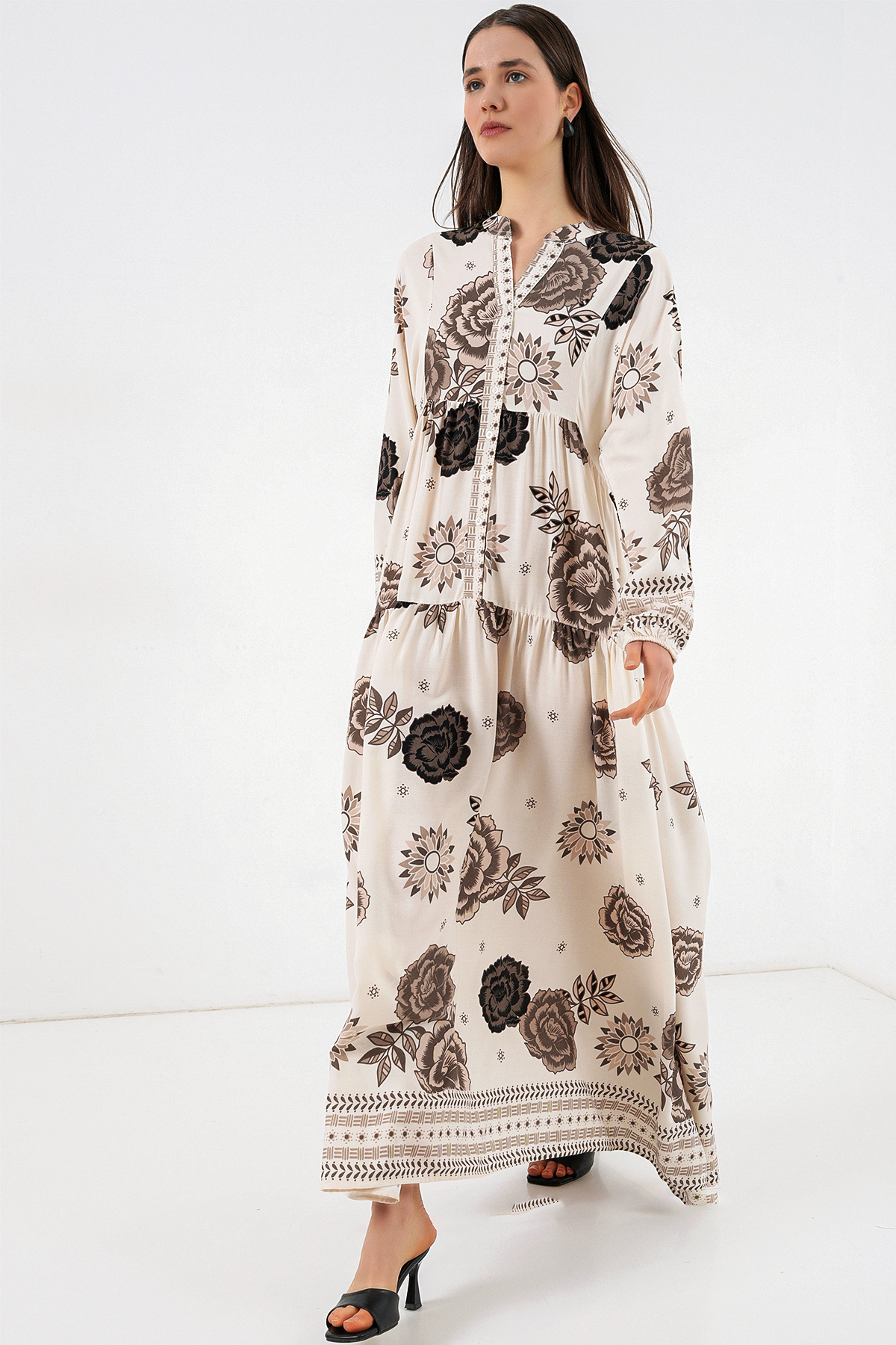 Bigdart Women's Patterned Long Hijab Dress 2585 - F.Beige