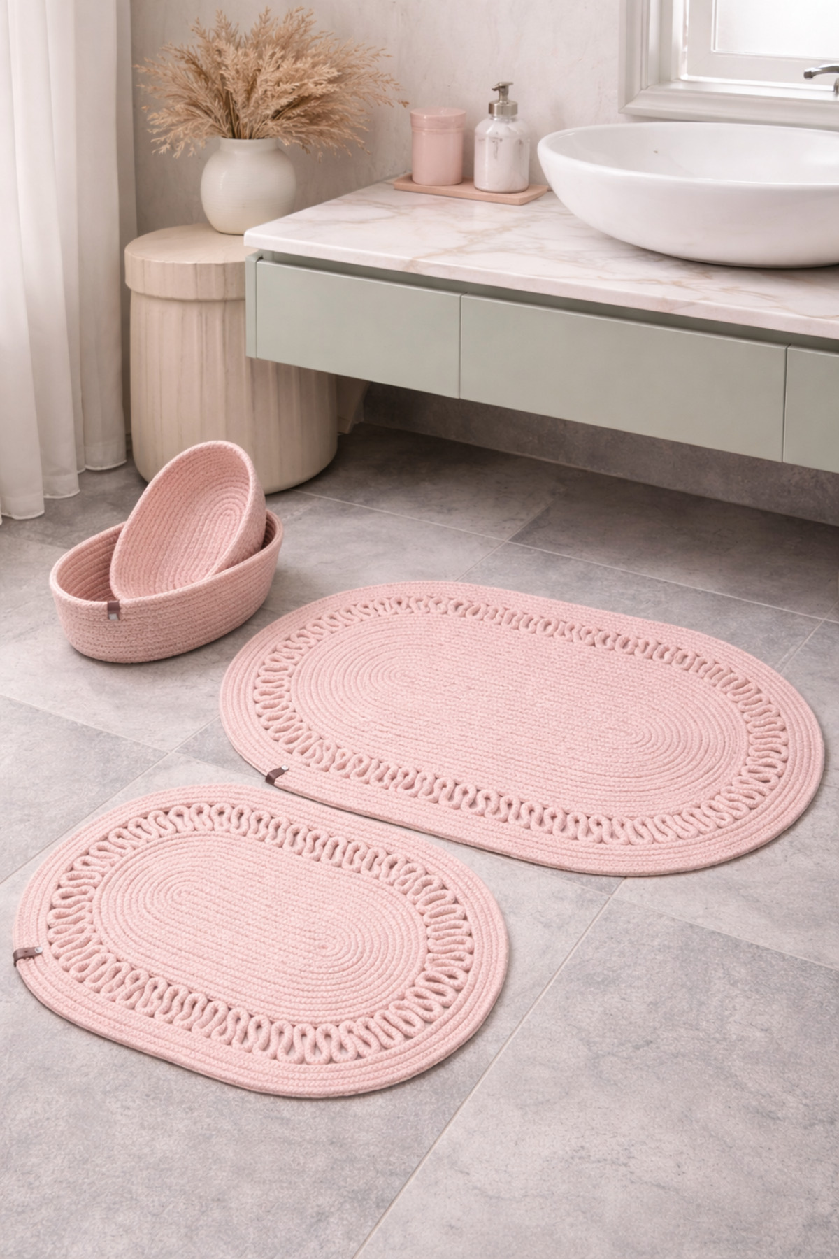 Terra 4-Piece Bathroom Set – 2-Piece Oval Mat & 2-Piece Oval Basket, Natural Rope Weaving, Handmade - Premium