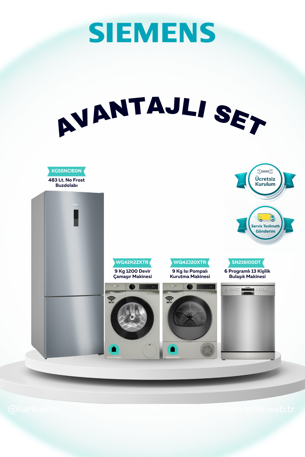 Siemens 4'lü Set Buzdolabı(KG55NCIE0N) Çamaşır(WG42K2ZXTR) Kurutma(WQ42J20XTR) Bulaşık(SN216I00DT)