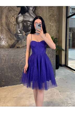 missswans Kristi İp Askılı Simli Arkası Bağcıklı Mini Boy Abiye Mor