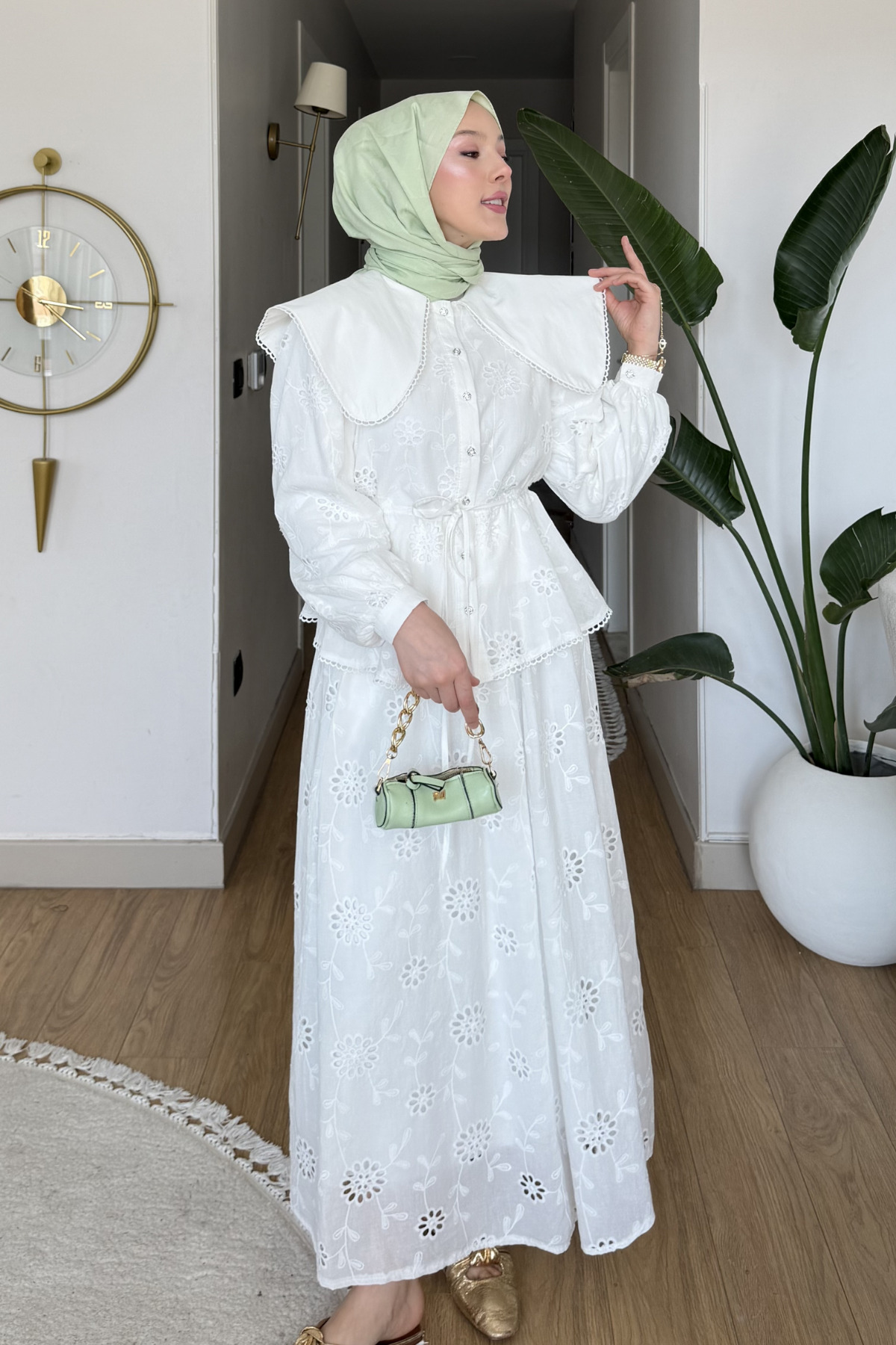 Tesettür Diyarı Nari Fisto Fabric Lined Skirt-Shirt Hijab Set - White