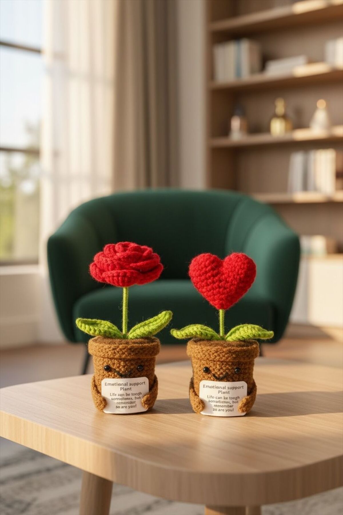 Kırmızı Kalp Örgü Çiçek | El Yapımı Dekoratif Hediye