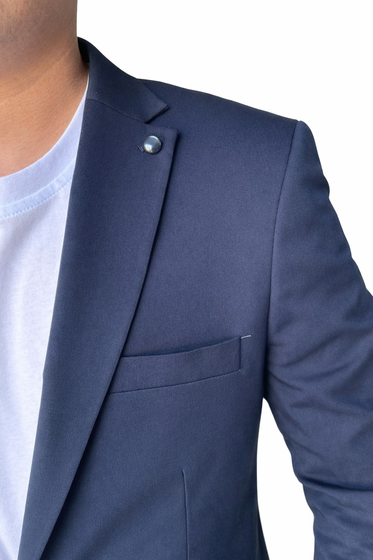 Erkek Tek Düğme Takım Elbise Jogger Pantolon Lastikli Bağcıklı Duble Paça Çift Yırtmaçlı — سرمه‌ای TK6885 — تصویر 6 از 6