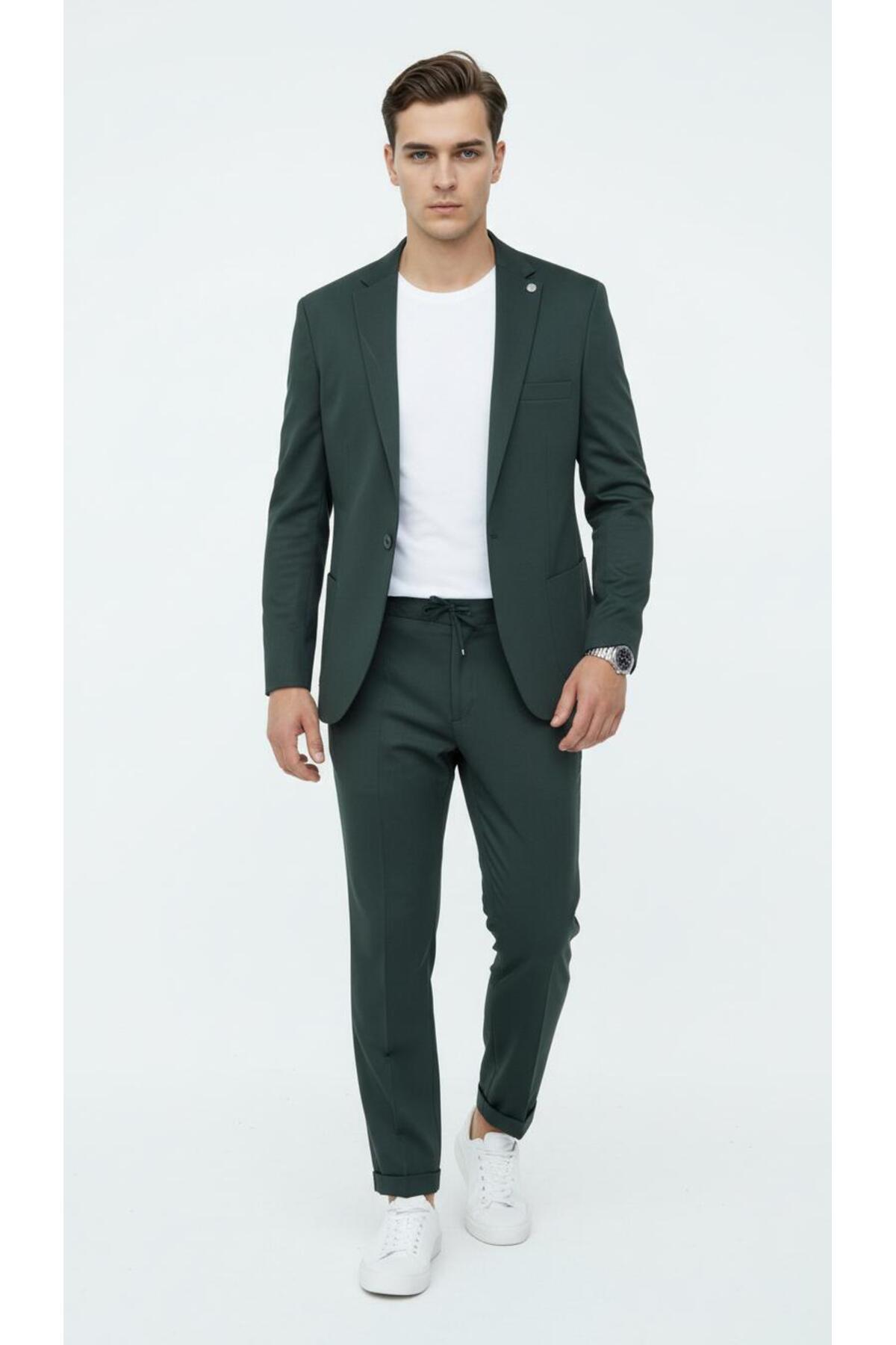 Plus Scorpion Erkek Tek Düğme Takım Elbise Jogger Pantolon Lastikli Bağcıklı Duble Paça Çift Yırtmaçlı