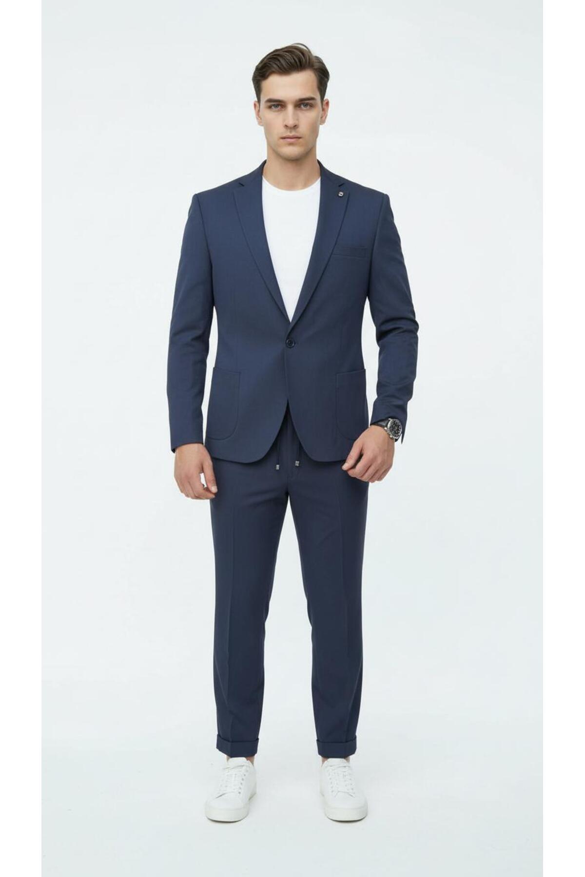Erkek Tek Düğme Takım Elbise Jogger Pantolon Lastikli Bağcıklı Duble Paça Çift Yırtmaçlı — سرمه‌ای TK6885