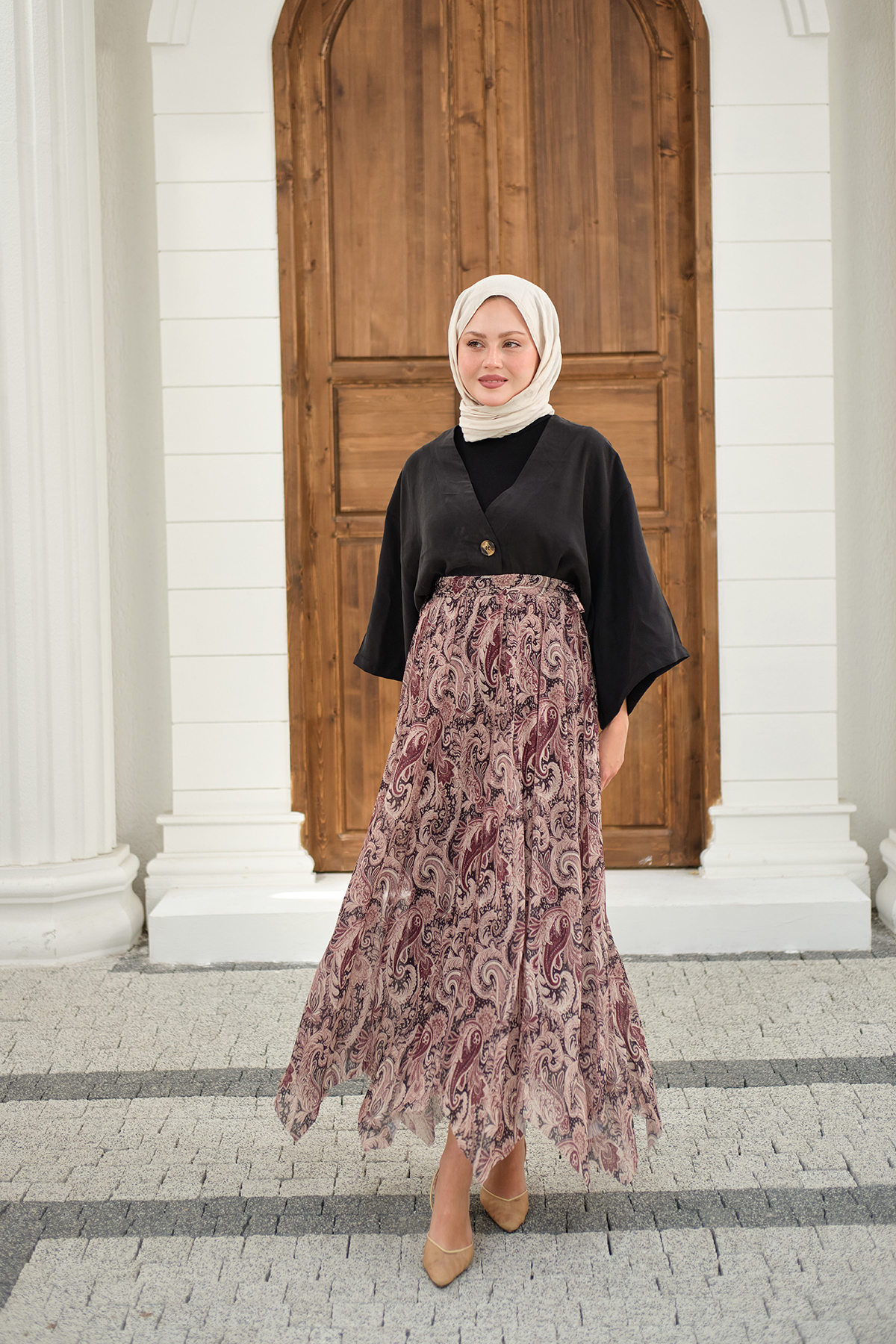 LOCCO  Kadın Asimetrik Kesim Etnik Desenli Şifon Etek Mürdüm - Görsel 5