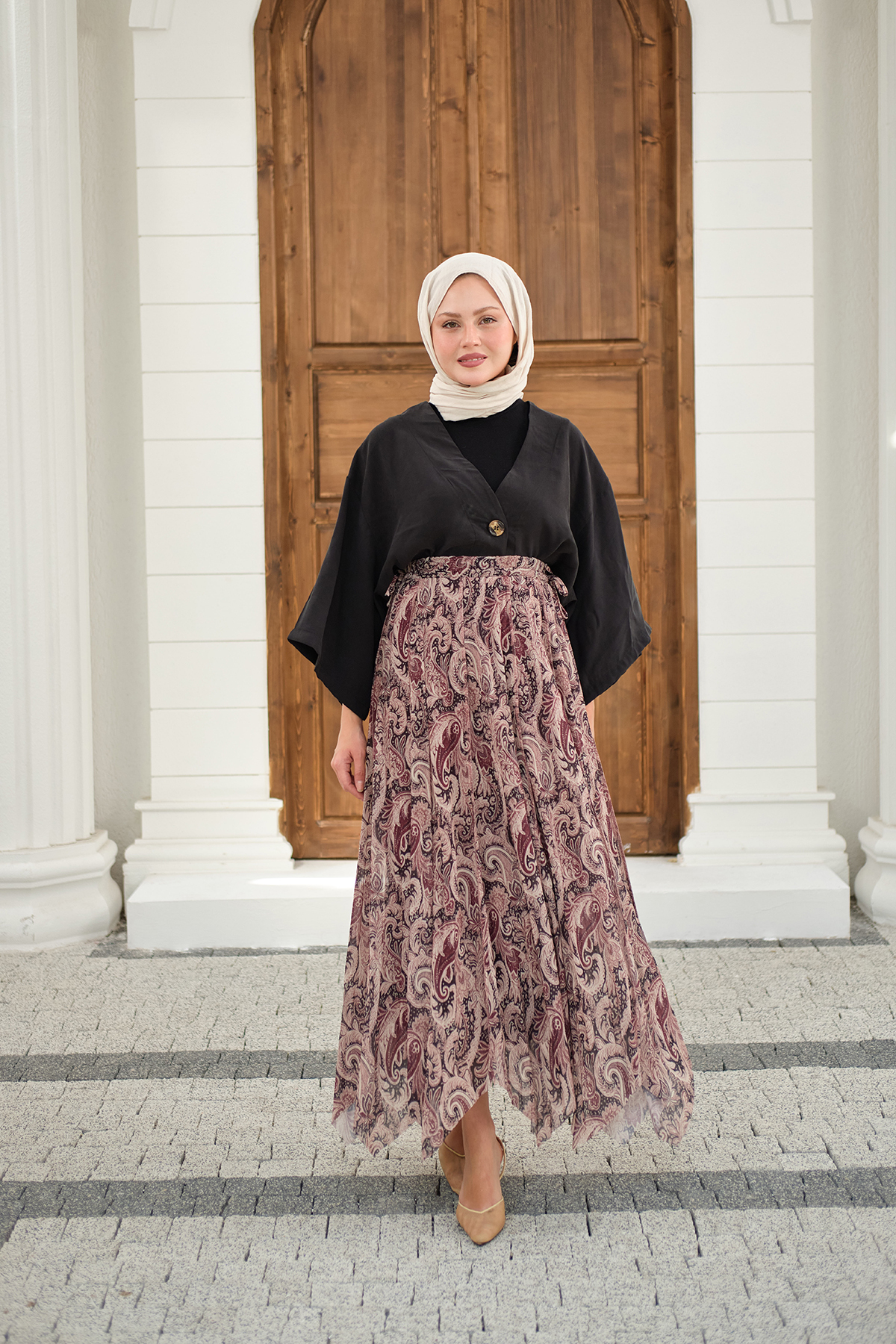 LOCCO  Kadın Asimetrik Kesim Etnik Desenli Şifon Etek Mürdüm - Görsel 3