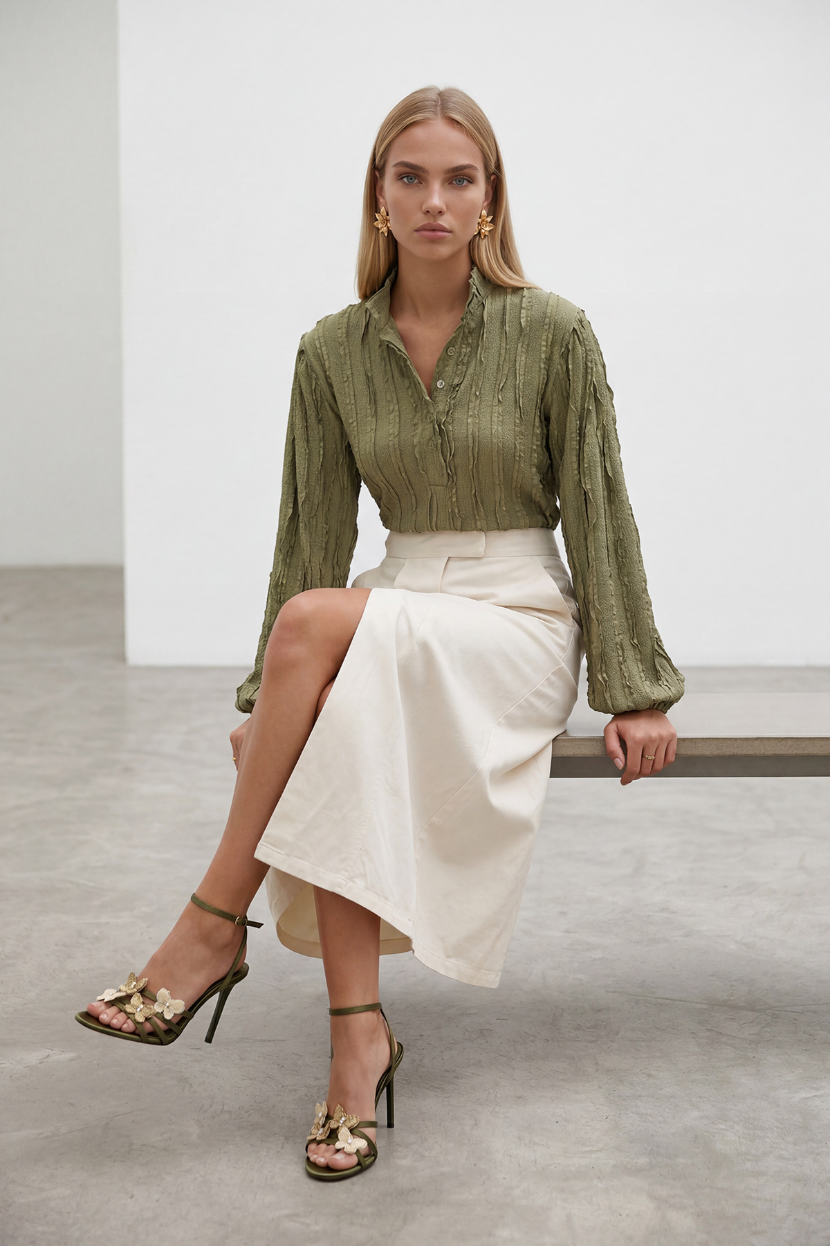 Trend Alaçatı Stili  Haki Hakim Yaka Önü Düğmeli Balon Kol Fırfır Kumaş Gömlek Bluz ALC-X15405 - Görsel 3