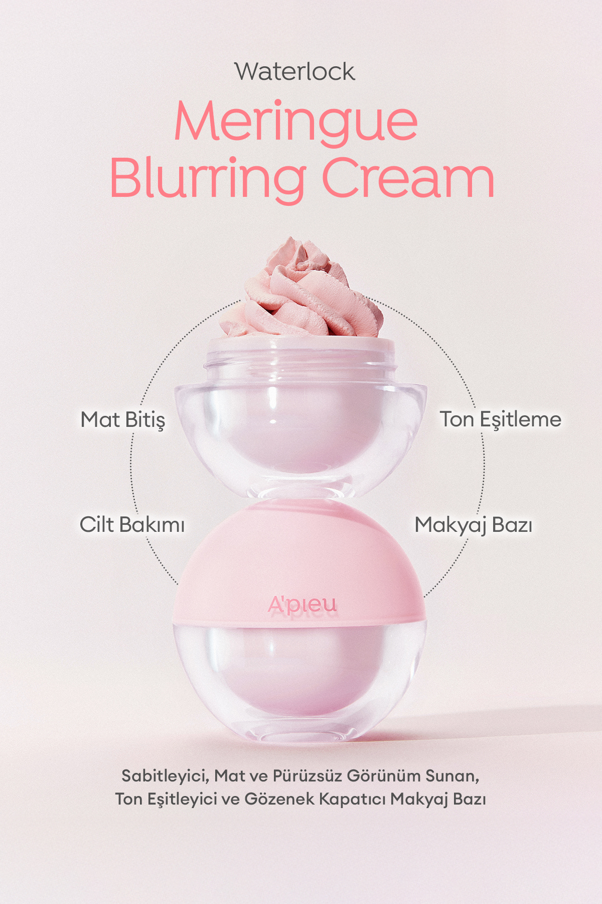 Blur Etki Sunan Ton Eşitleyici Sabitleyici Mat Makyaj Bazı APIEU Waterlock Meringue Blurring Cream — صورتی 8930