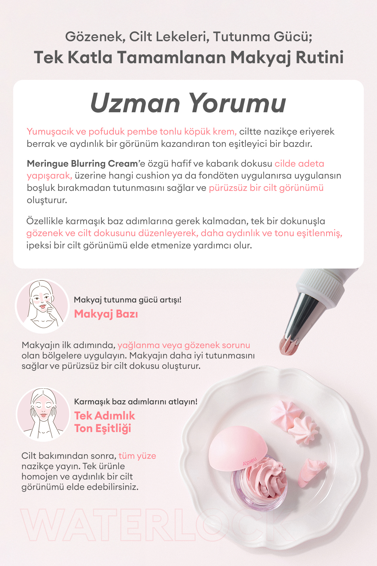 Blur Etki Sunan Ton Eşitleyici Sabitleyici Mat Makyaj Bazı APIEU Waterlock Meringue Blurring Cream — صورتی 8930 — تصویر 7 از 9