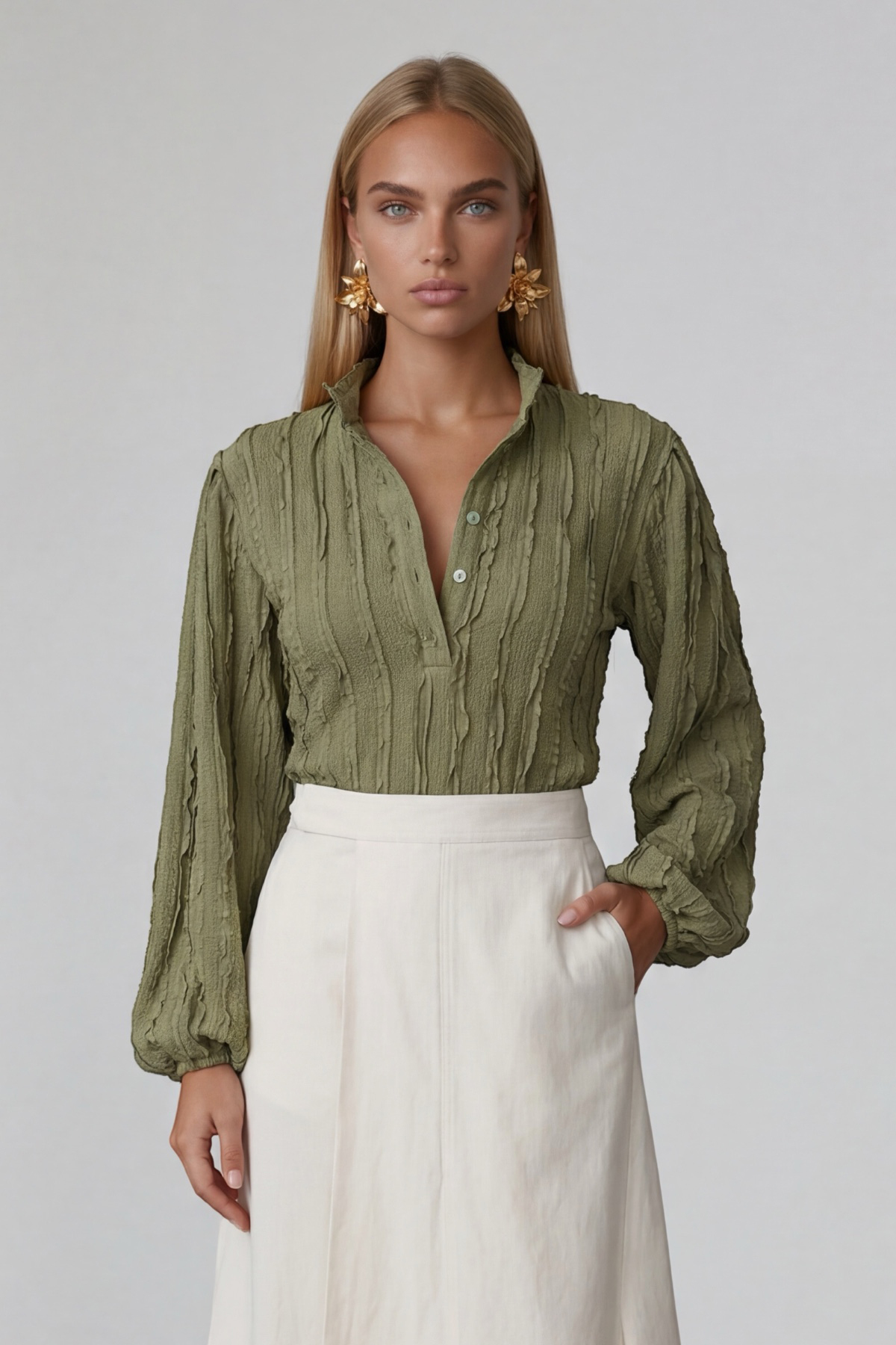 Trend Alaçatı Stili  Haki Hakim Yaka Önü Düğmeli Balon Kol Fırfır Kumaş Gömlek Bluz ALC-X15405 - Görsel 2