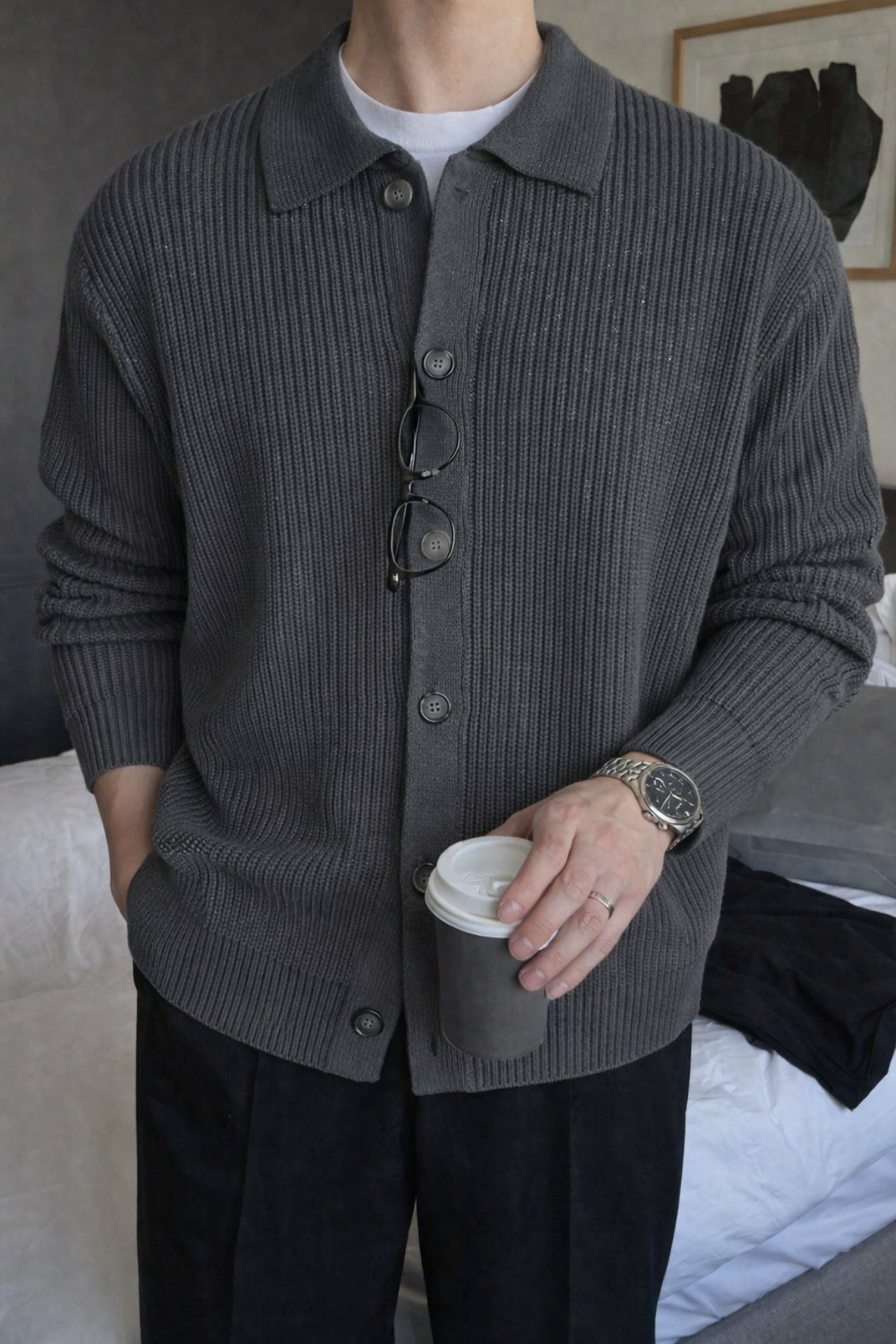 Tarz Cool  Erkek Koyu Antrasit Düğme Detaylı Regular Fit Hırka