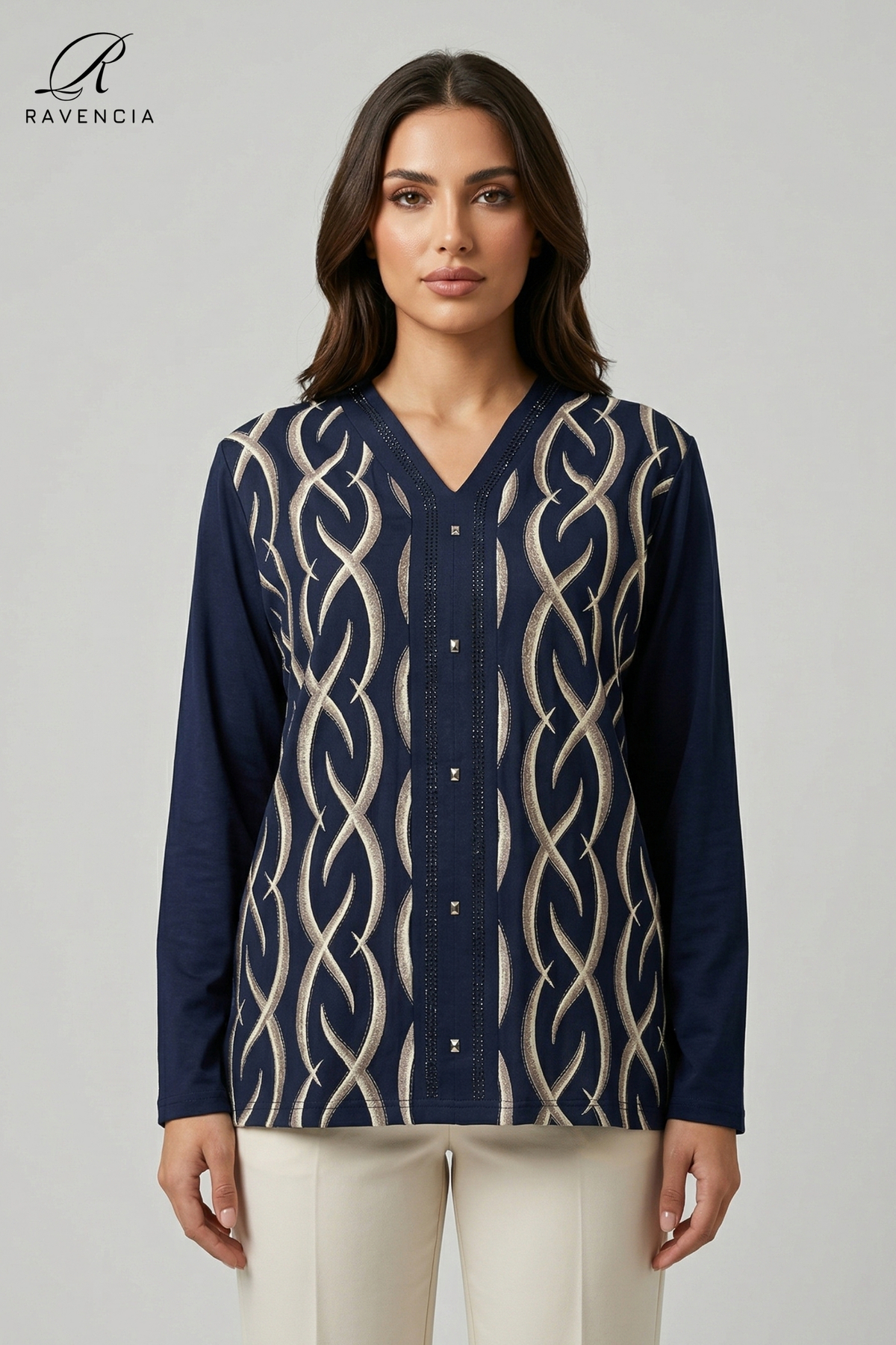 Women's V-Neck Line Pattern Printed Glitter Gemstone Lycra Mother Combed Cotton Blouse