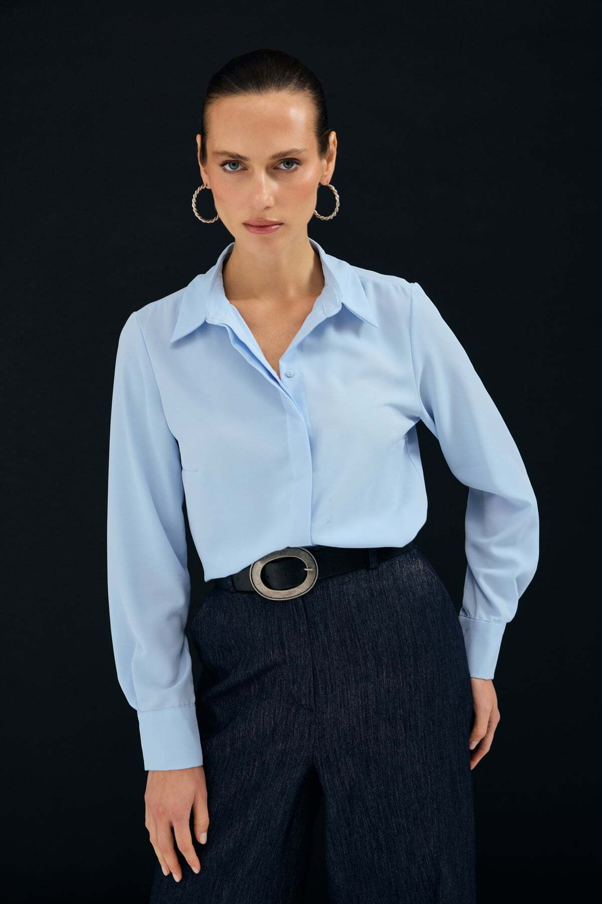 Sateen  Klasik Düz Gömlek - Mavi - Görsel 5