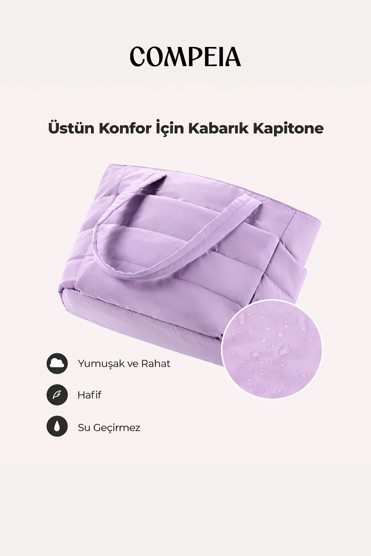 Compeia Kadın Lavanta Puffy Tote Bag Kabarık Kapitone Omuz Çantası Çok Bölmeli Günlük Seyahat ve El Çantası görsel 6