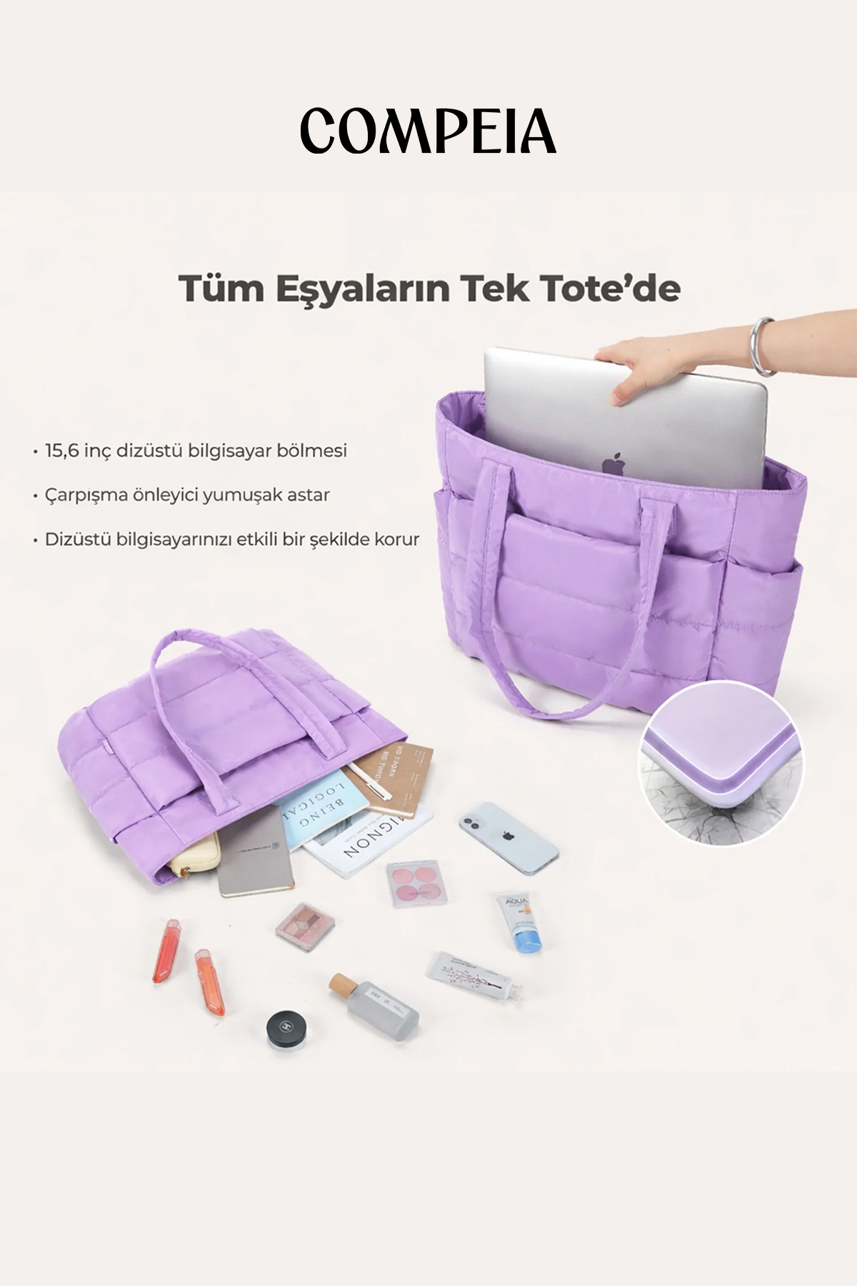 Compeia Kadın Lavanta Puffy Tote Bag Kabarık Kapitone Omuz Çantası Çok Bölmeli Günlük Seyahat ve El Çantası görsel 7