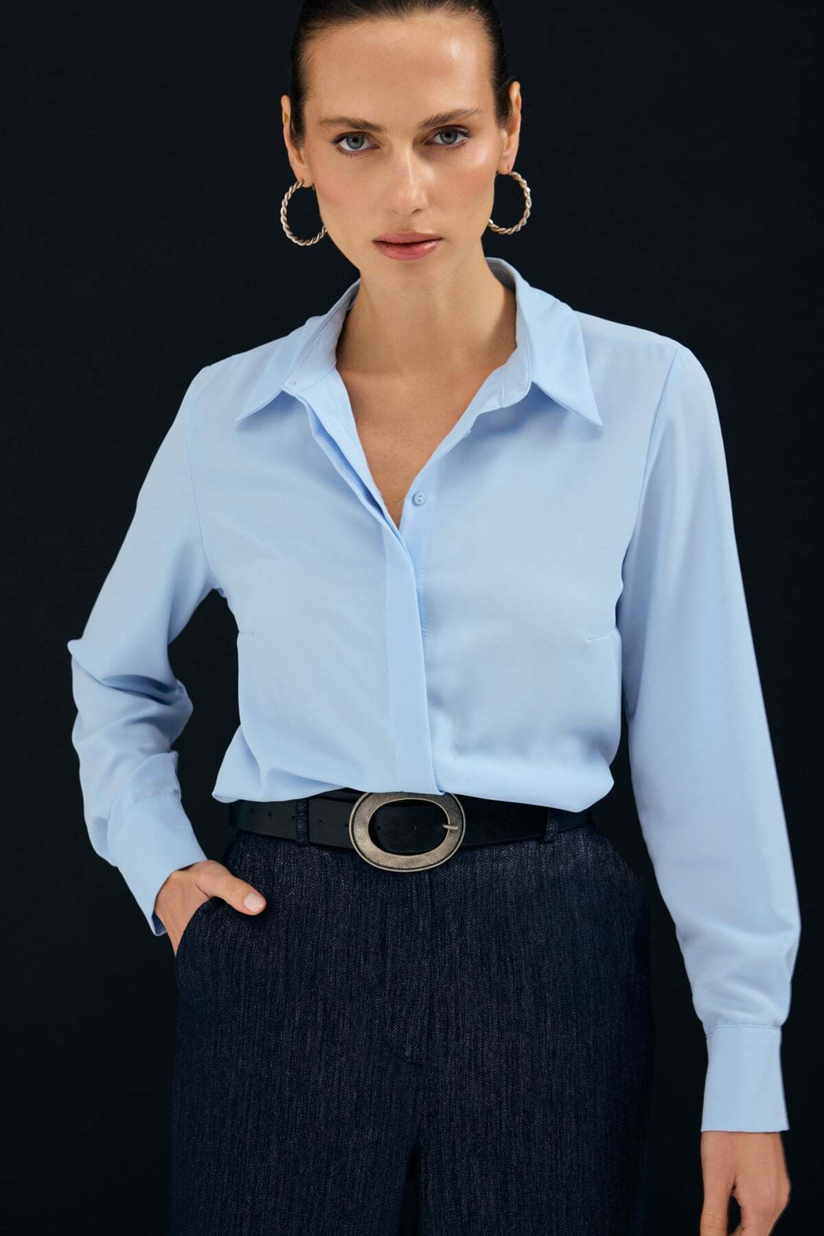 Sateen  Klasik Düz Gömlek - Mavi - Görsel 2