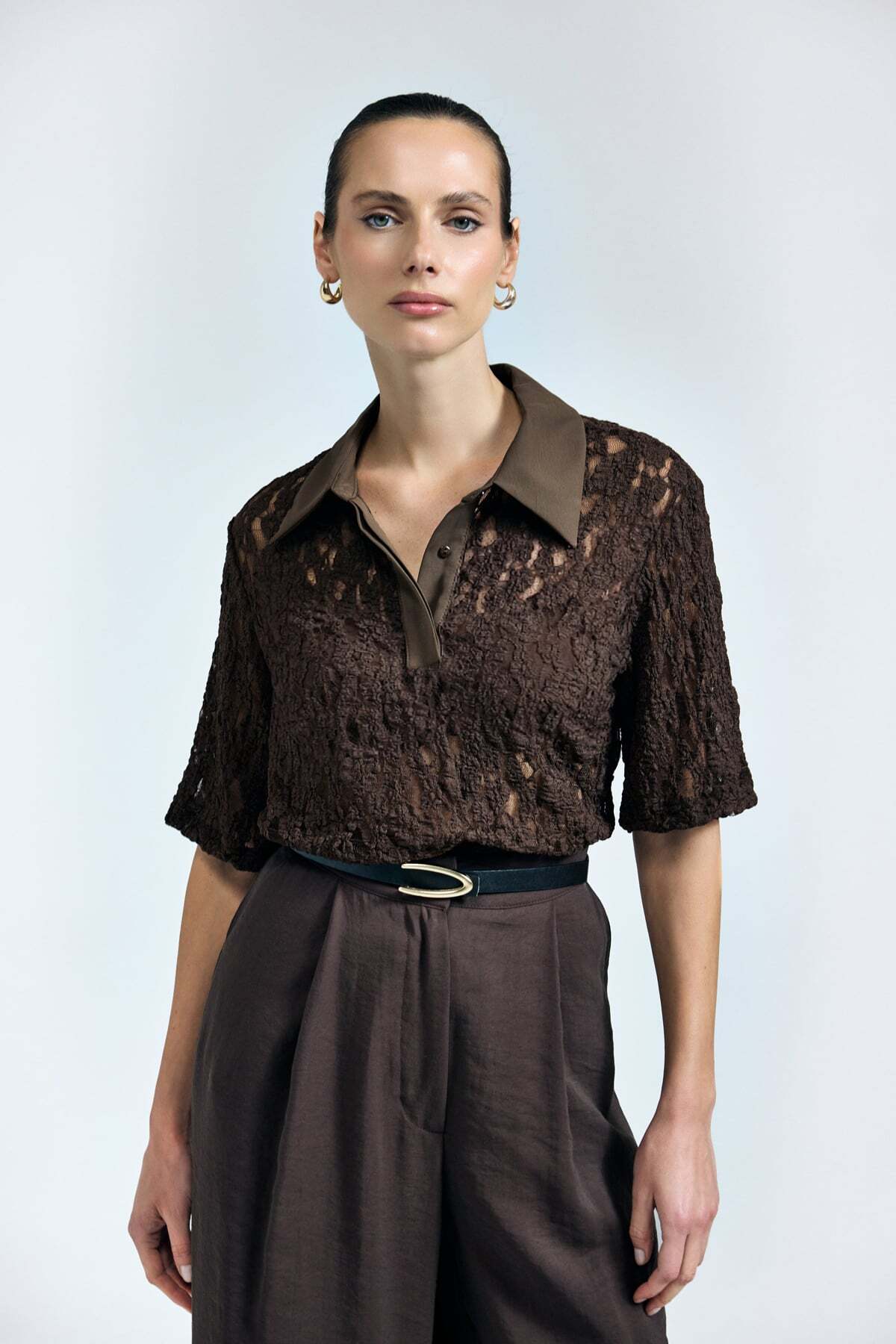 Sateen  Dantel Bluz - Kahve - Görsel 2