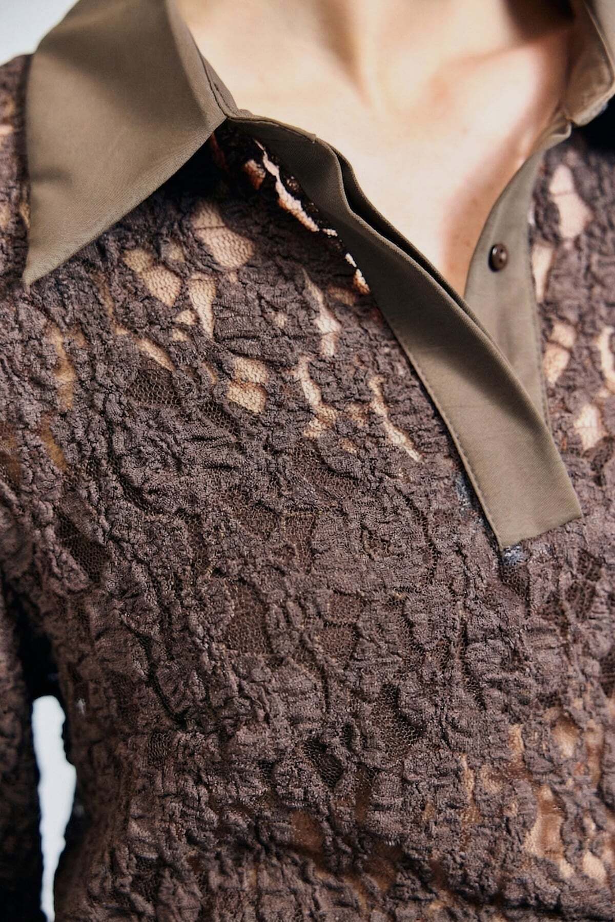 Sateen  Dantel Bluz - Kahve - Görsel 7