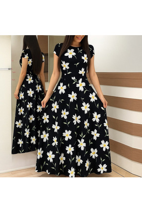 Livizmir Moda Kadın Kısa Kollu Bisiklet Yaka Puantiyeli Maksi örme Krep Elbise