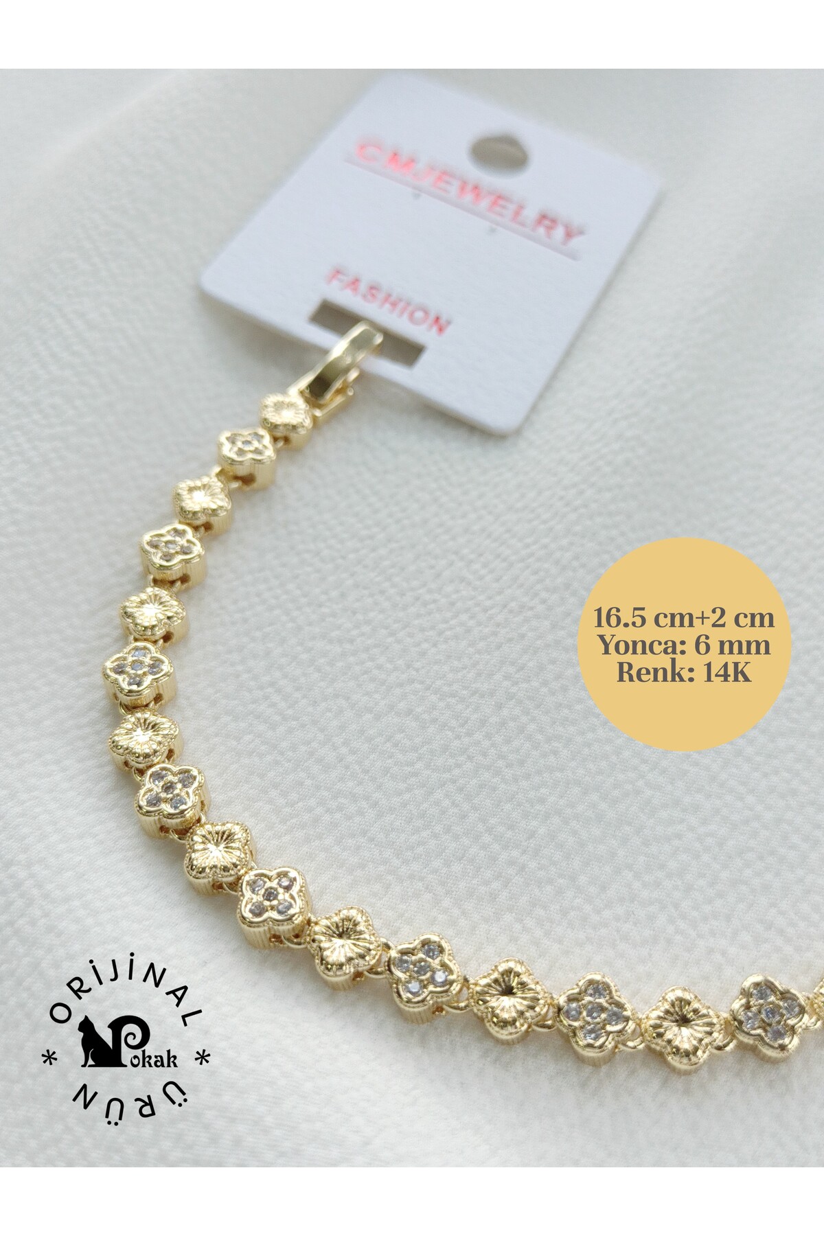 POKAK Kadın CM 14K Altın Kaplama Özel Seri Mini Yonca Kuyumcu Model Vip Bileklik 16,5+2 cm görsel 2