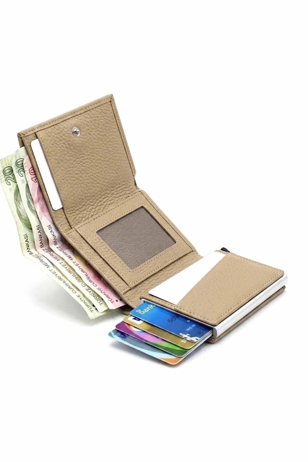vynor atelier Gri RFID Korumalı Mekanizmalı Kartlık Cüzdan - Otomatik Mekanizmalı Cüzdan görsel 2