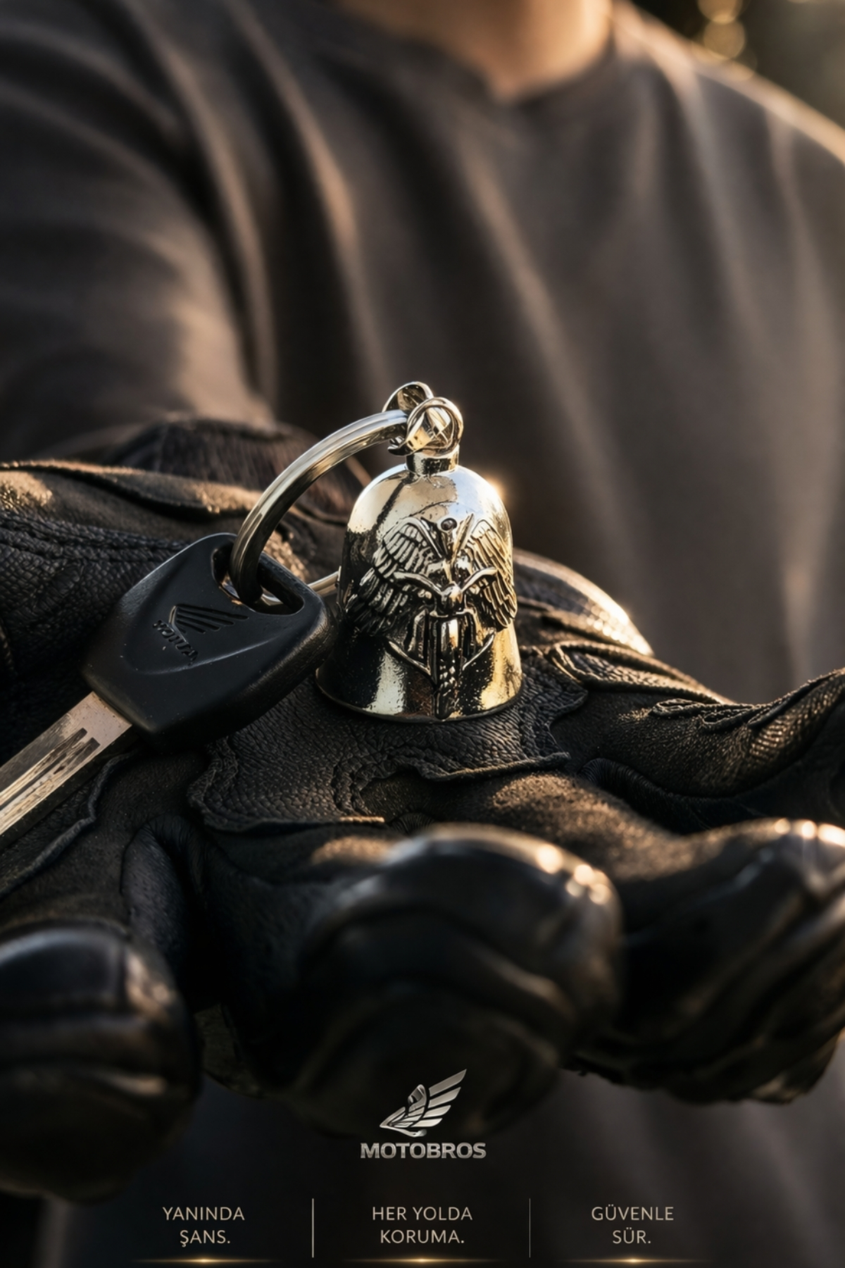 Motobros Motosiklet Aksesuar Kanat Figürlü Guardian Bell Gümüş Kaplamalı Motorcu Anahtarlık-Şans ve Koruma Çanı Uğur Tılsımı