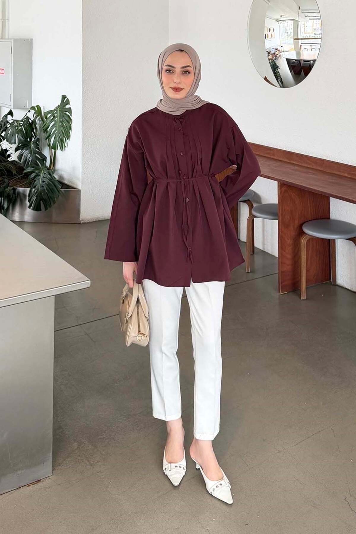 Lamelif Piliseli Wide Sleeve Shirt Plum