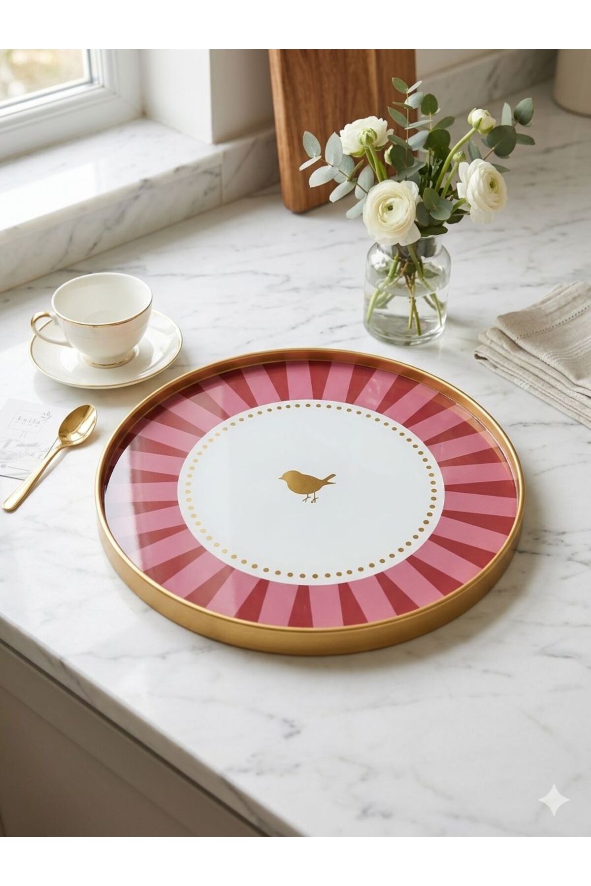 Leila Pink Love Bird Patterned Presentation Tray Gold Real Glass 24cm