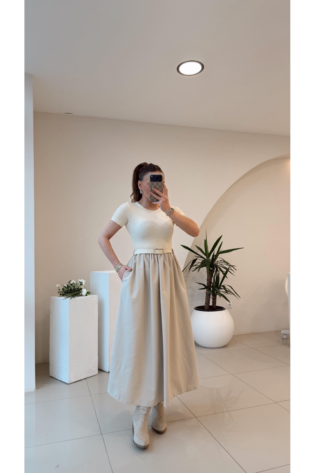 STA  KENDİNDEN KEMERLİ ALT POPLİN KUMAŞ ELBİSE