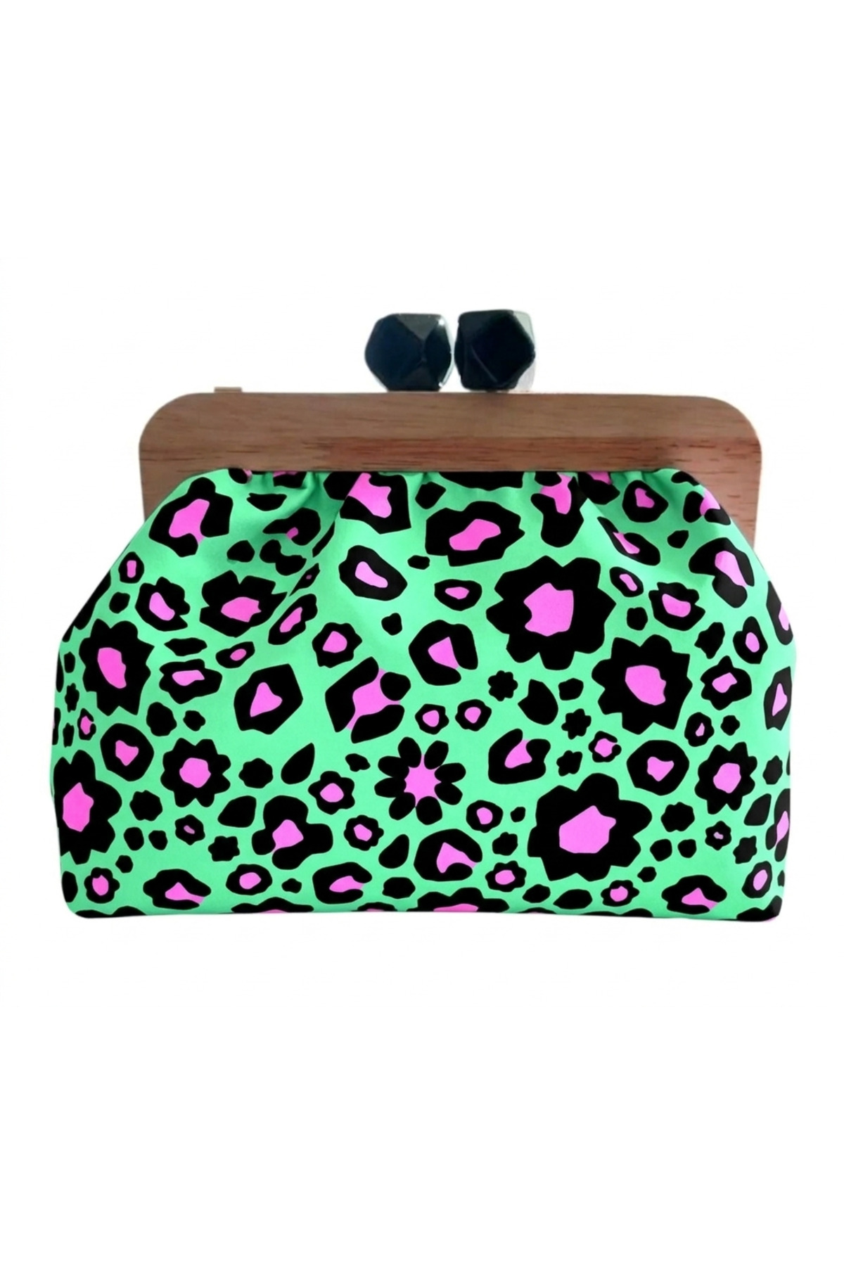 handedizayn Neon Yesil Leopar Ahşap Burslu Zincir Askılı Clutch Omuz Çantası