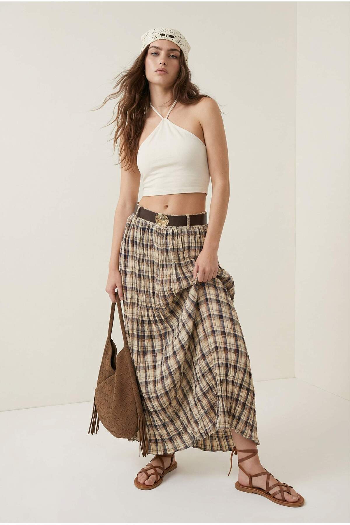 Trendyolmilla  Çok Renkli Ekoseli Kemerli Kırışık Dokuma Uzun Maxi Etek TWOAW26ET00174