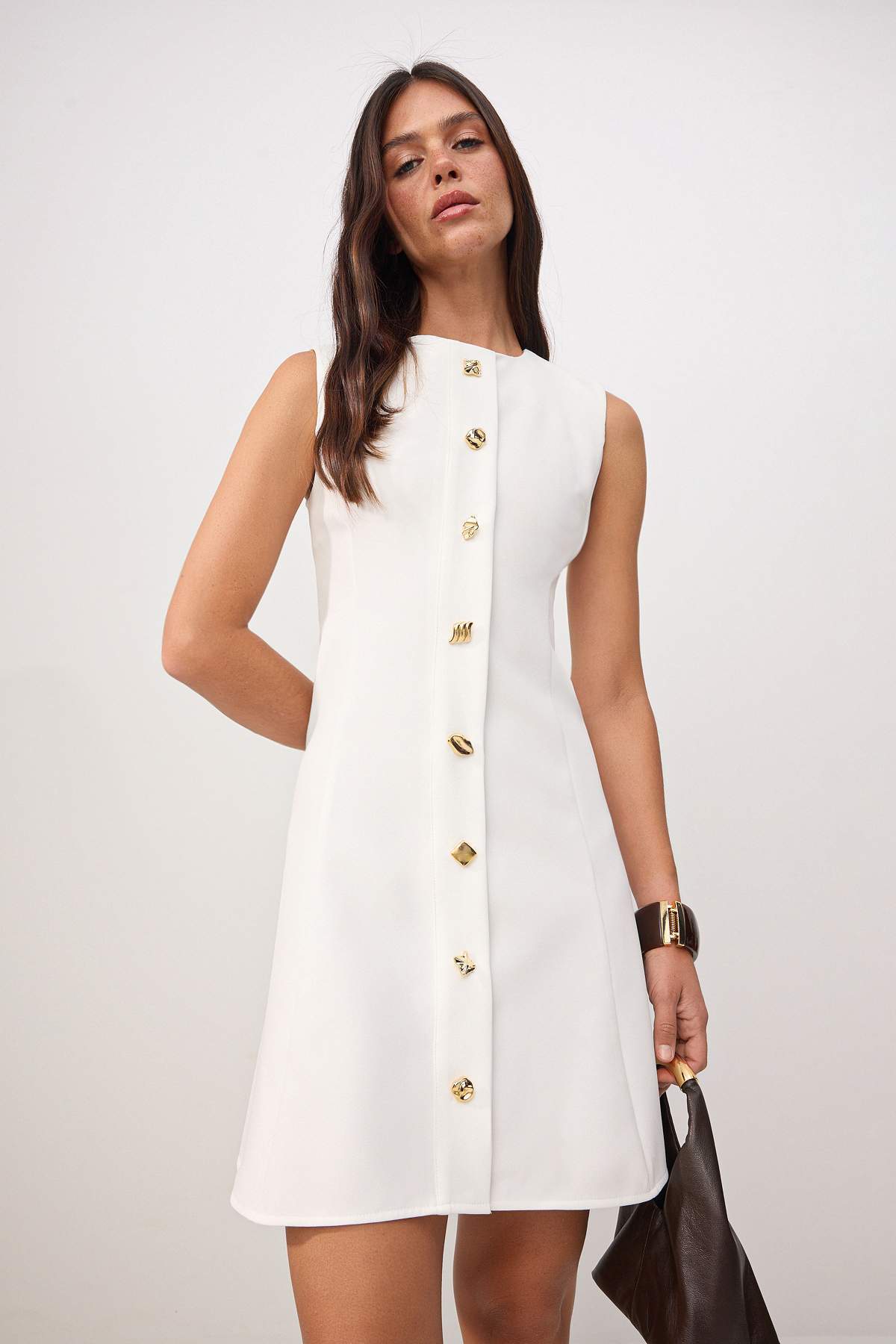 Trendyolmilla  Ekru Düz Aksesuar Detaylı Kısa / Mini Dokuma Elbise TWOAW26EL00133