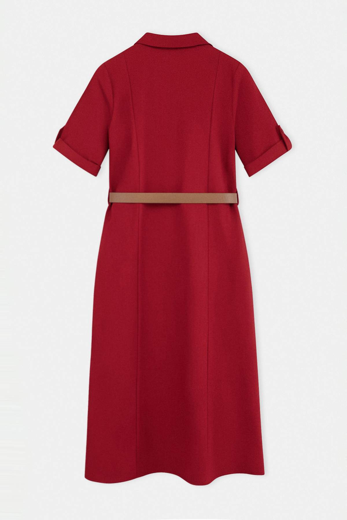 Trendyolmilla  Vişne Kemerli Düz Düğmeli Midi Dokuma Elbise TWOSS25EL00704 - Görsel 2