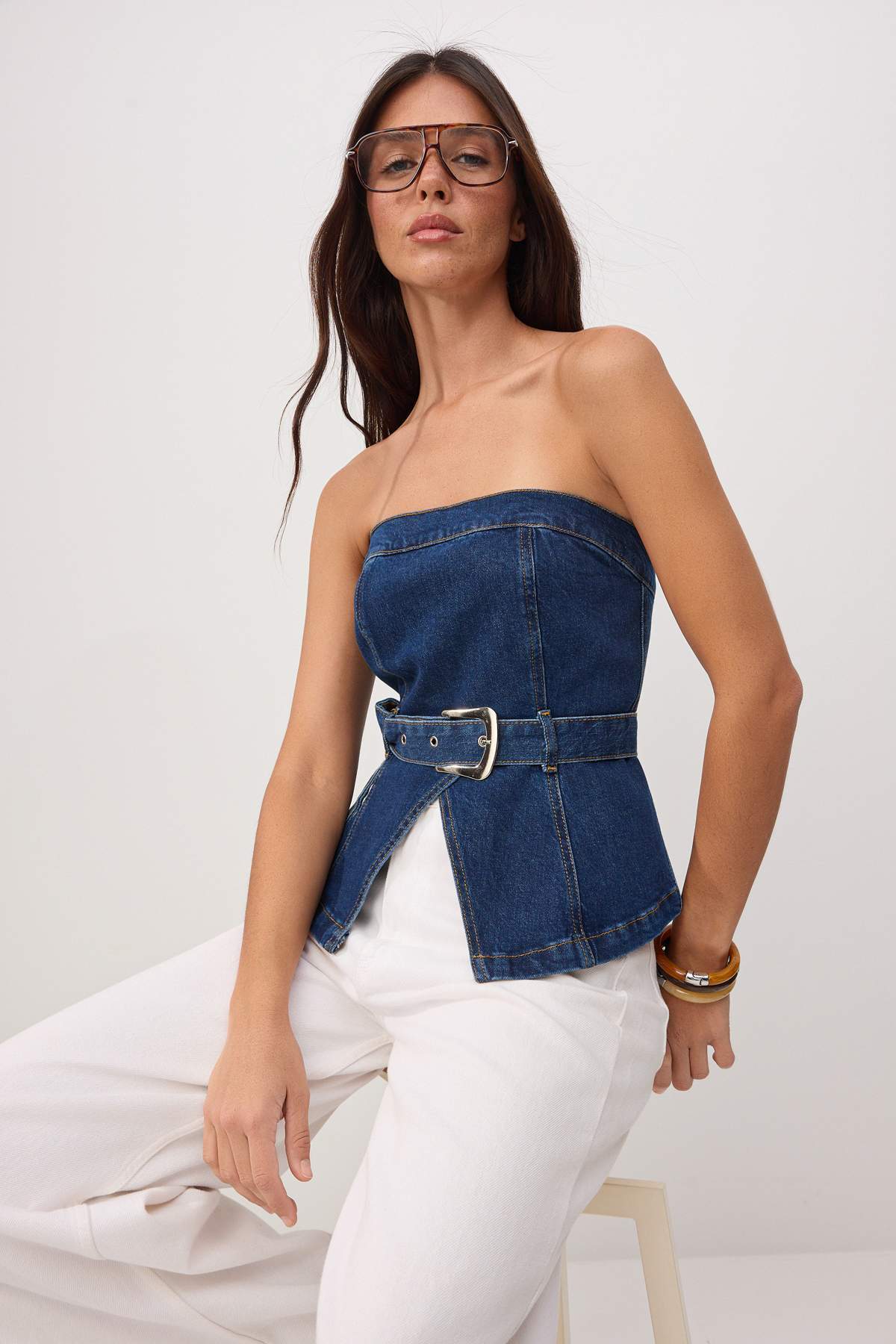 Trendyolmilla  Mavi Kemerli Az Esnek Straplez Denim Bluz TWOSS26BZ00514