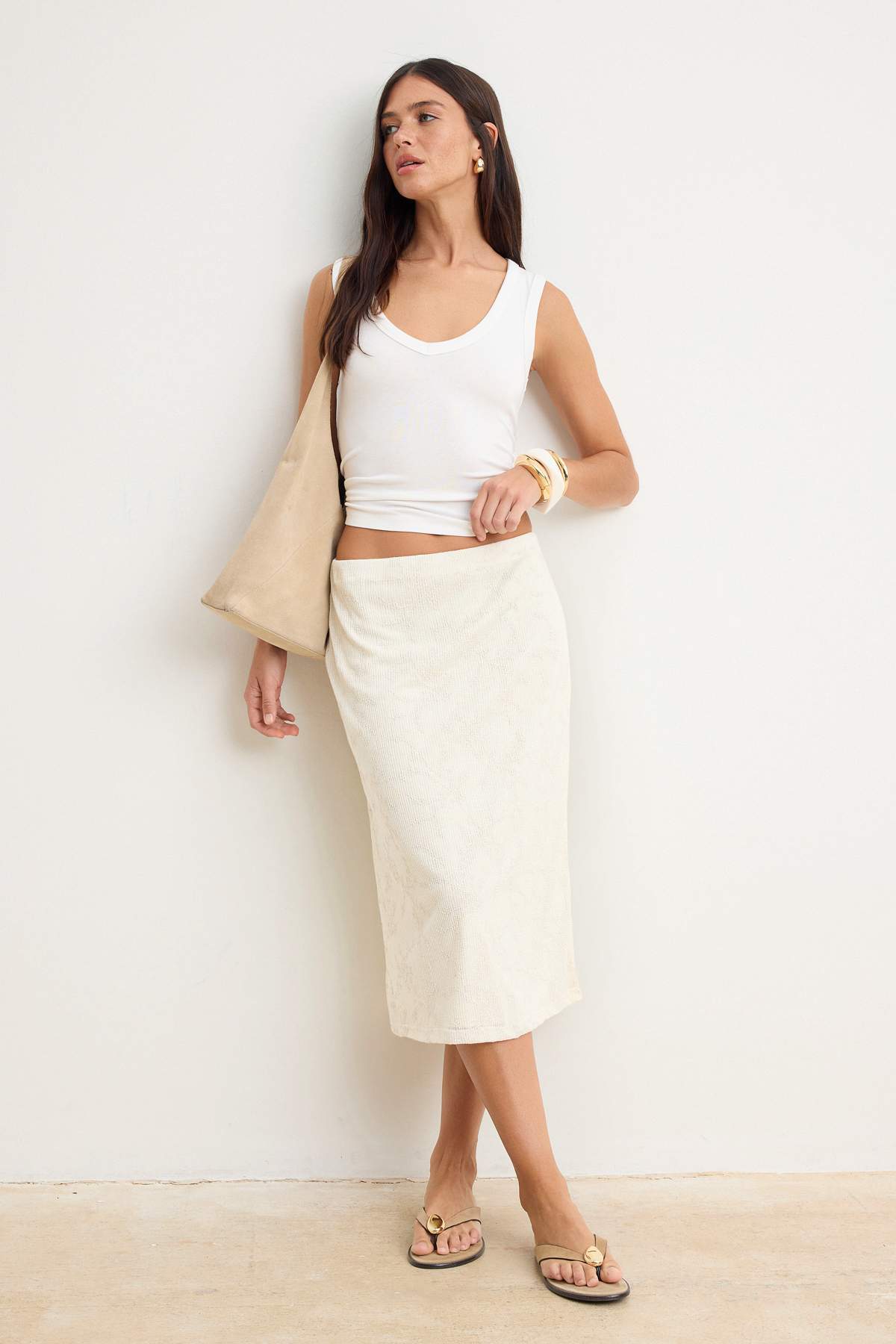 Trendyolmilla  Ekru Dokulu A-Kesim/Çan Form Beli Lastikli Normal Bel Midi Dantel Örme Etek TWOSS26ET00089 - Görsel 2