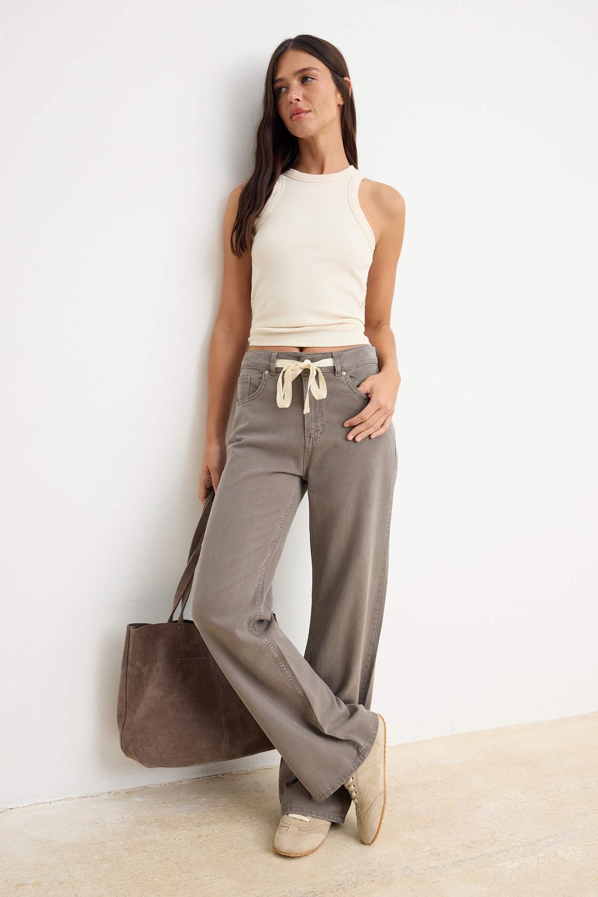 Trendyolmilla  Vizon DÖKÜMLÜ Beli Lastikli Yüksek Bel Jeans Wide Leg TWOSS26JE00262