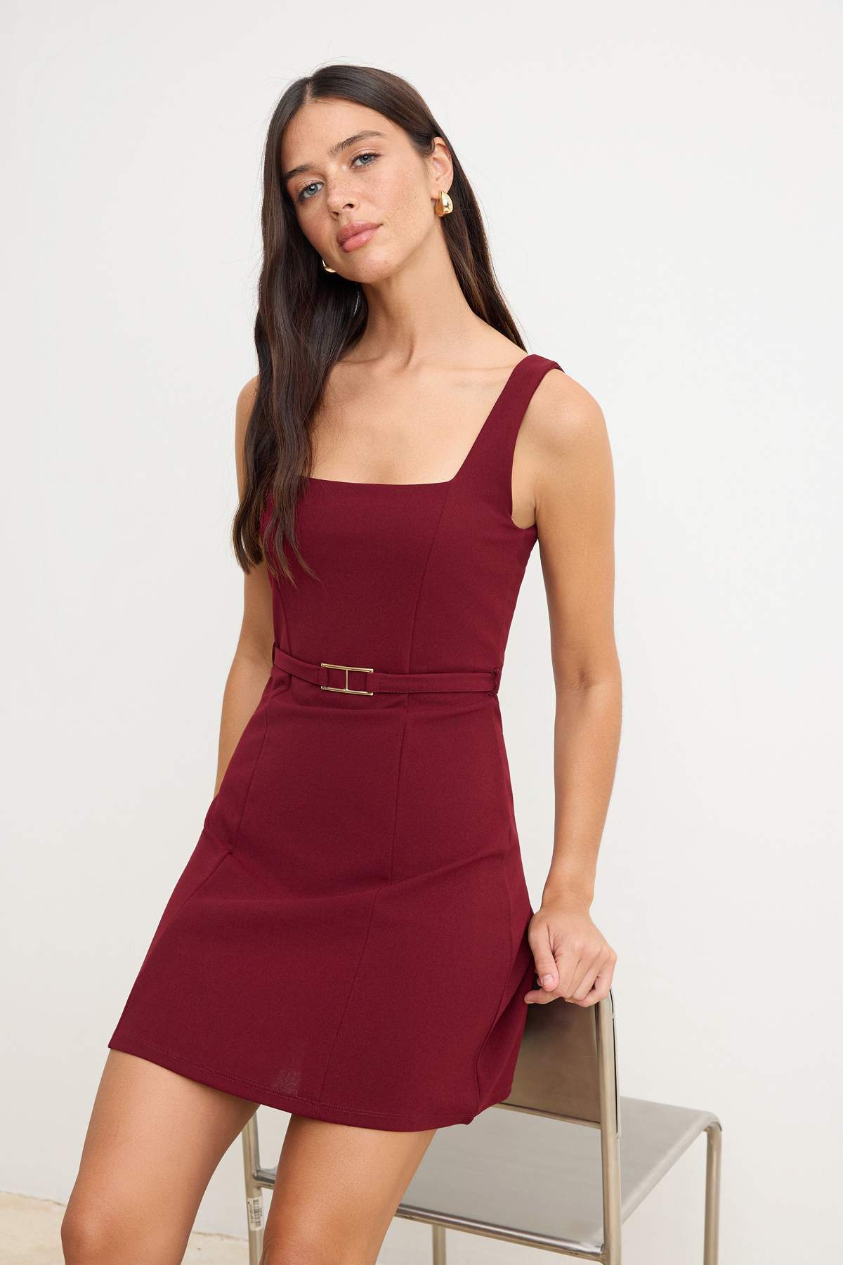 Trendyolmilla  Bordo Düz Skater Kare Yaka Kolsuz Mini Scuba Krep Örme Elbise TWOSS26EL00463