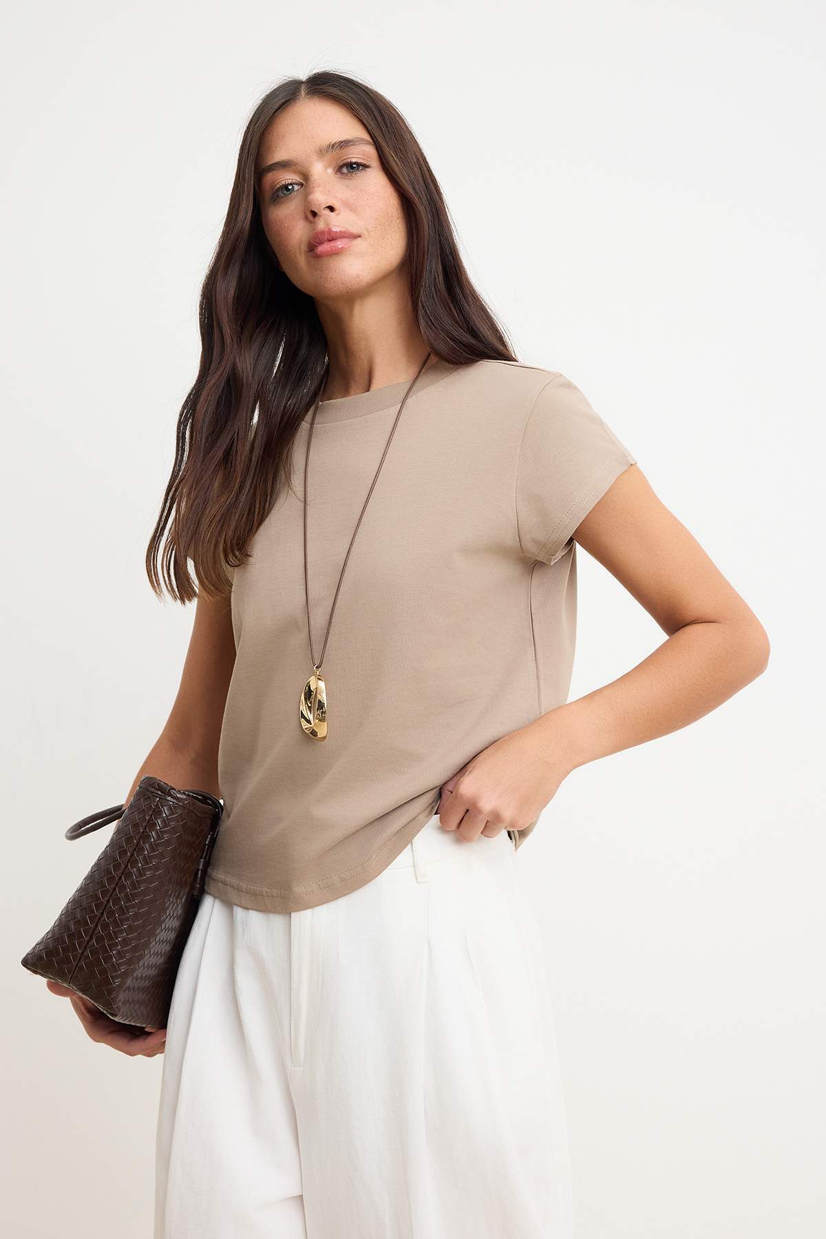 Trendyolmilla  Vizon Regular/Normal Kalıp Ay Kol Kısa Kollu Tok %100 Pamuk Örme T-Shirt TWOSS26TS00181