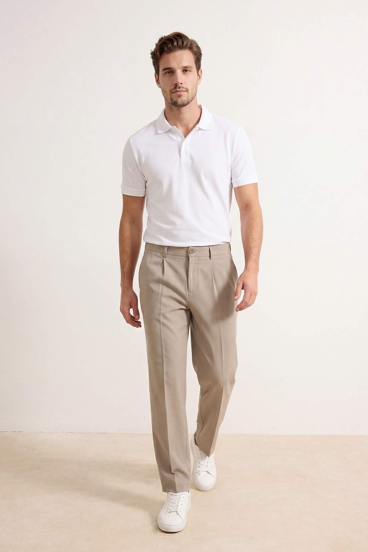 Trendyolmilla Man Bej Normal Kalıp/Regular Fit Keten Görünümlü Boru Paça Erkek Dokuma Pantolon TMNSS26PL00012