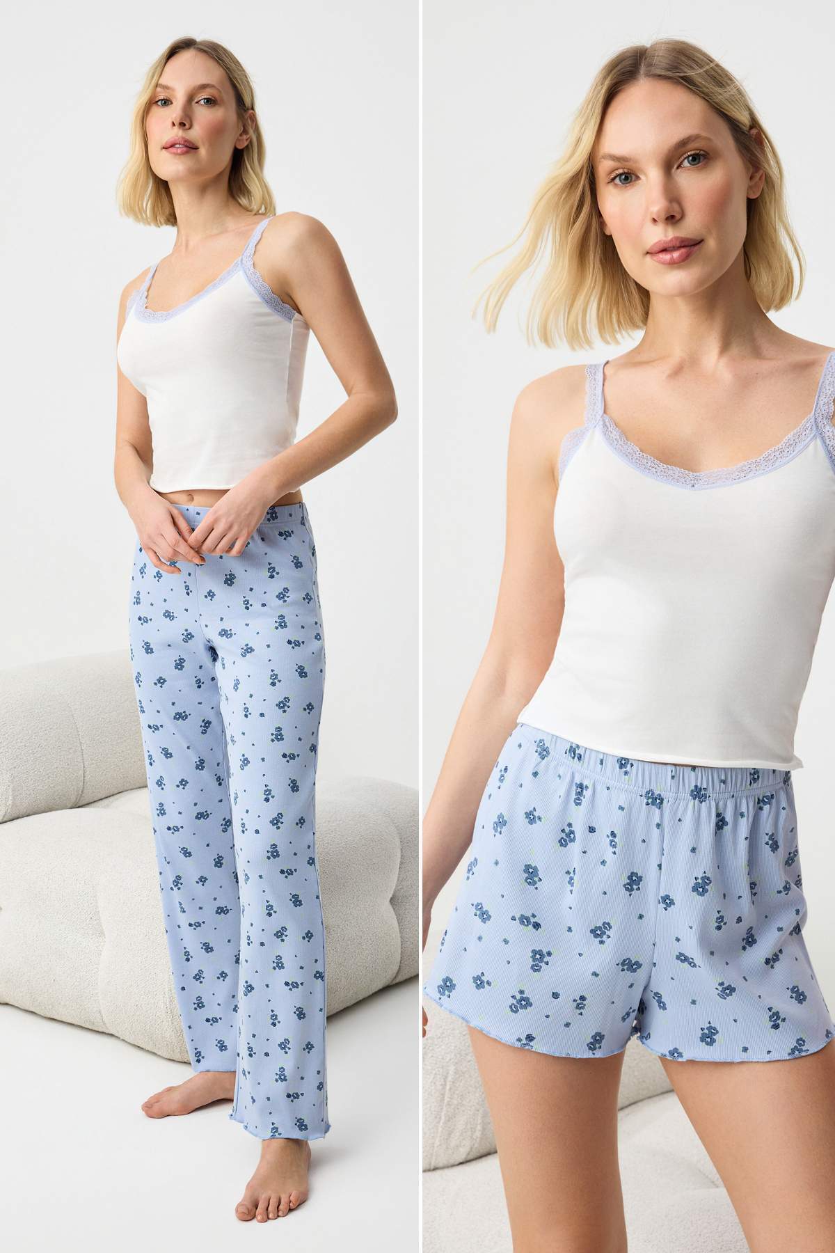 Trendyolmilla  Beyaz-Mavi 3'lü Pamuklu Çiçekli Dantel Detaylı Alt Kaşkorse Örme Pijama Takımı THMSS26PT00015