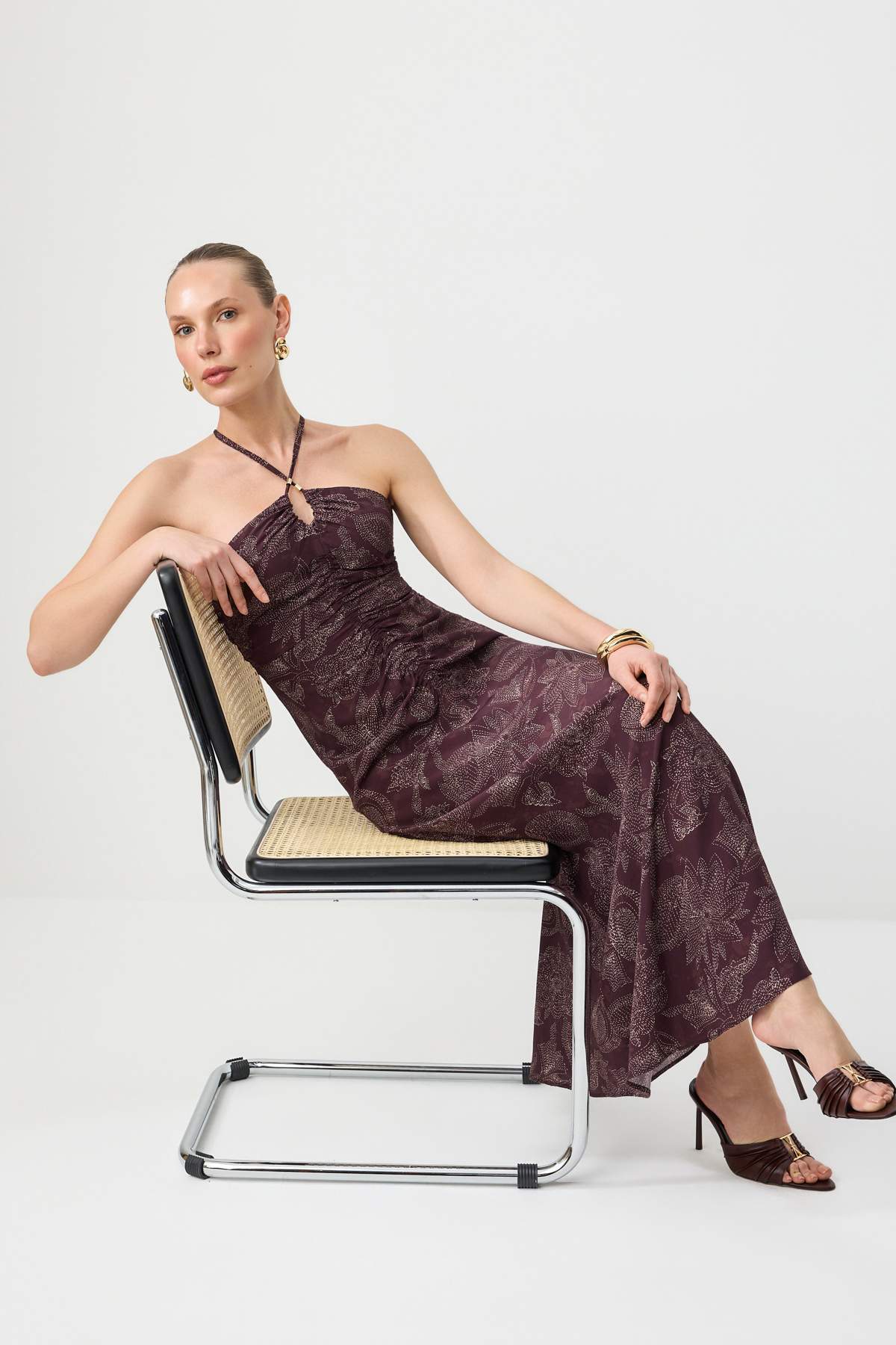 Trendyolmilla Bordo-Çok Renkli Büzgü Detaylı Maxi Dokuma Elbise TWOSS26EL00353