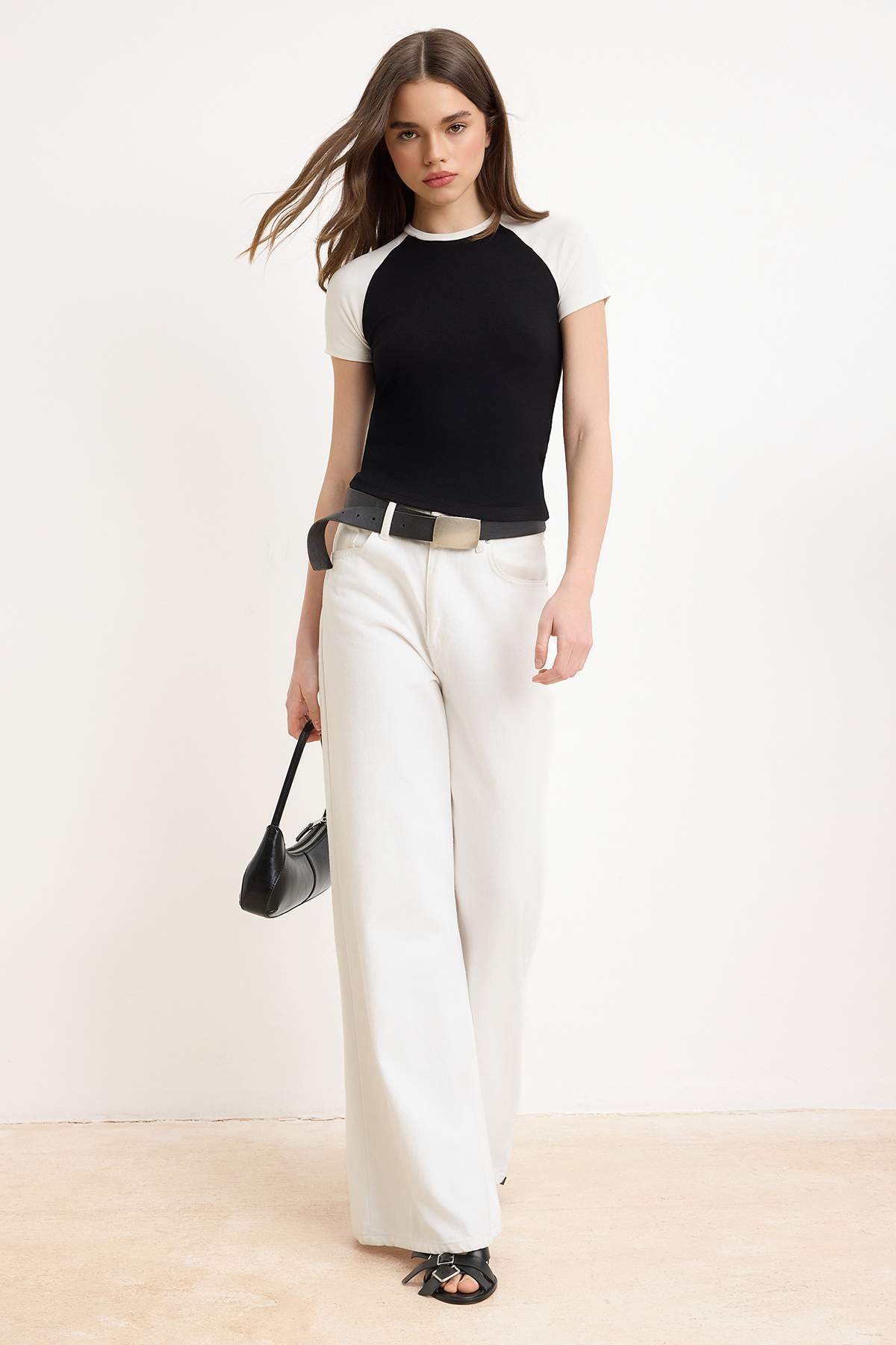 Trendyolmilla  Siyah Renk Bloklu Regular/Normal Kalıp Kısa Kollu %100 Pamuk Örme t-shirt TWOSS26TS00275 - Görsel 2