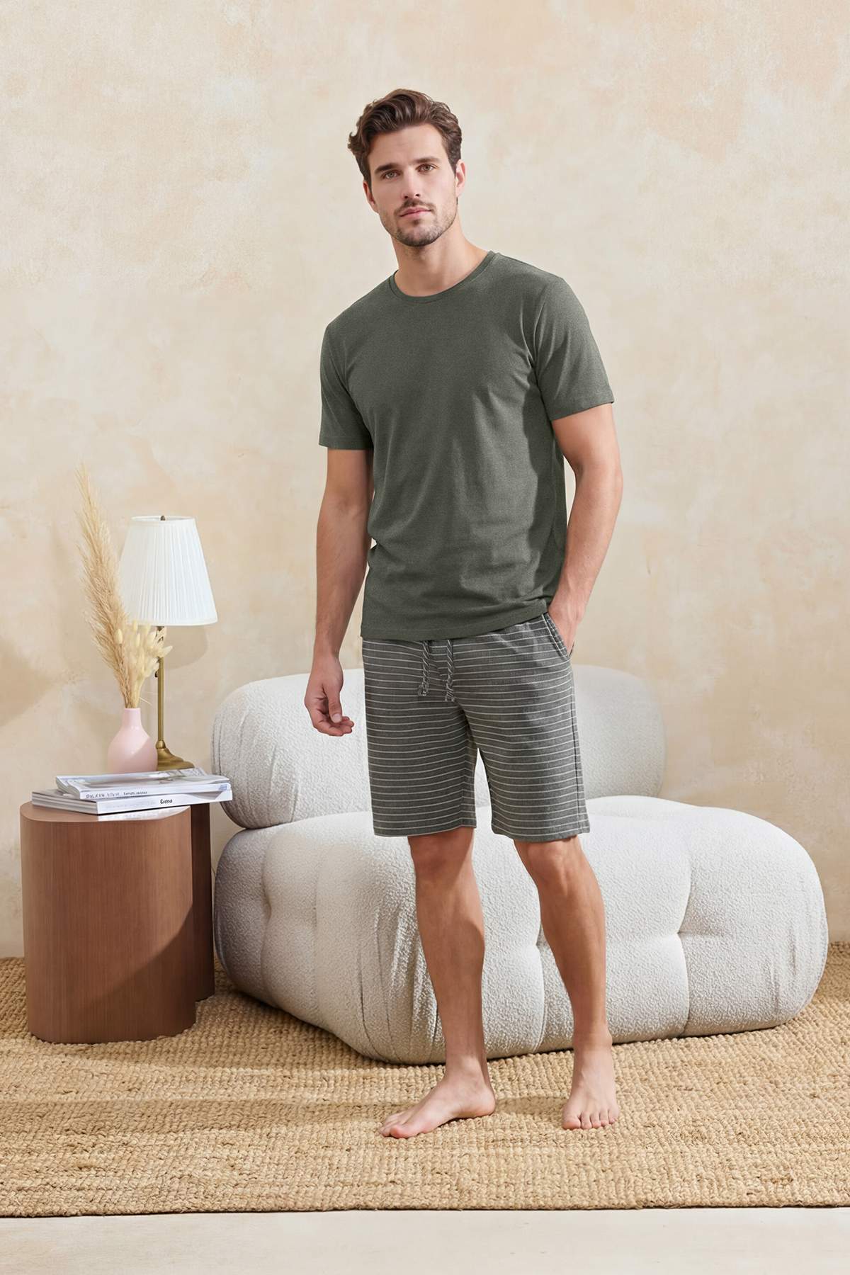 Trendyolmilla Man Haki Regular/Normal Kesim Alt Çizgili Örme Pijama Takımı TMNSS26PT00036