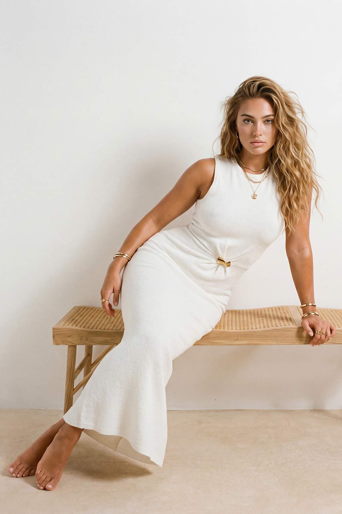 Trendyolmilla  Ekru Triko Maxi Aksesuar Detaylı Halter Yaka Plaj Elbise TBESS26EL00064